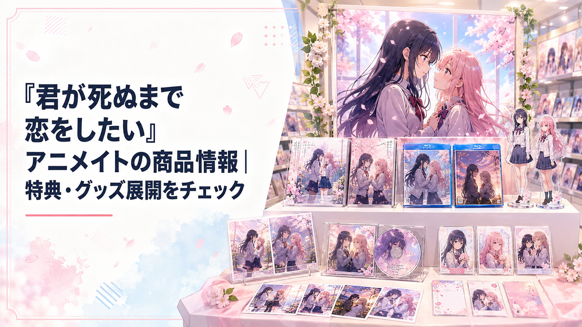 『きみが死ぬまで恋をしたい』のコミックス、Blu-ray、主題歌CD、アクリルスタンドが並ぶアニメショップ風の売り場
