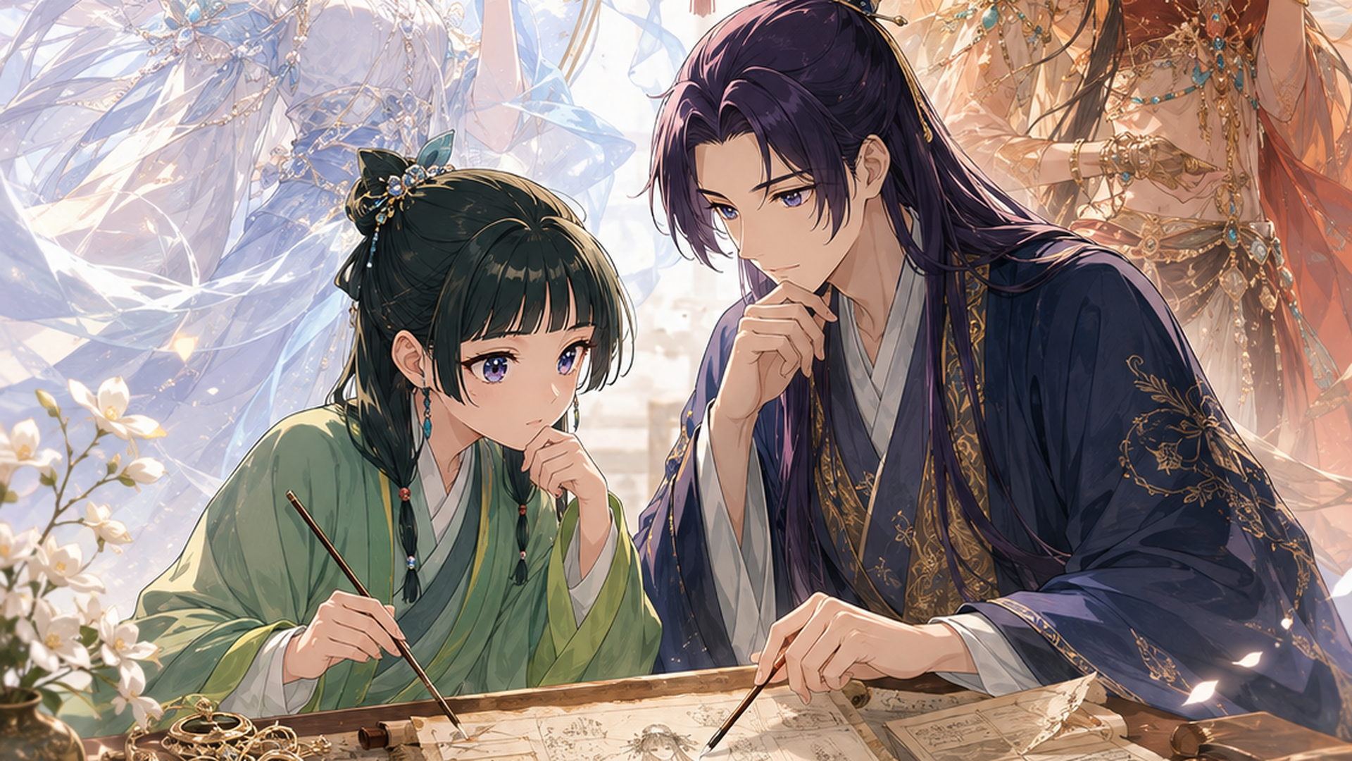 薬瓶と巻物が並ぶ机で薬屋のひとりごと第3期の放送時期と話数を整理する後宮ミステリー風の場面