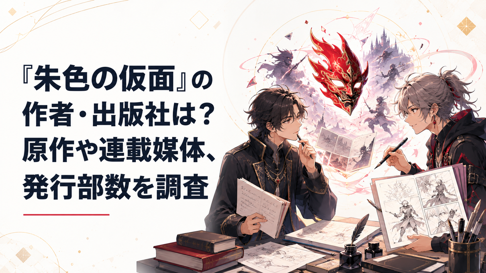物語を設計する原作者と仮面バトルを描く漫画家が向き合うダークファンタジー風イラスト