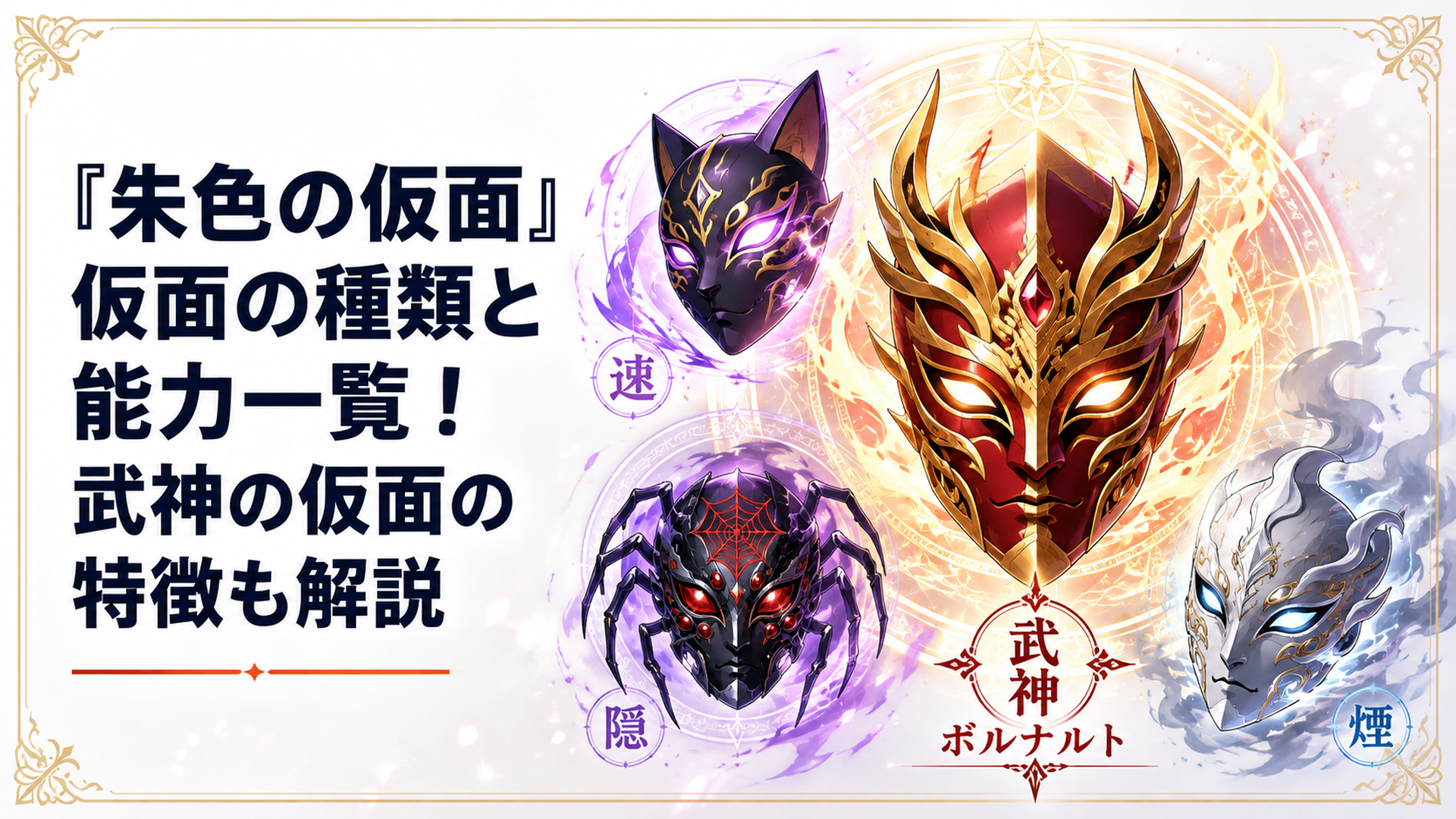 武神の仮面ボルナルトを中心に猫や蜘蛛や煙など異なる性質の仮面が浮かぶ幻想的な場面