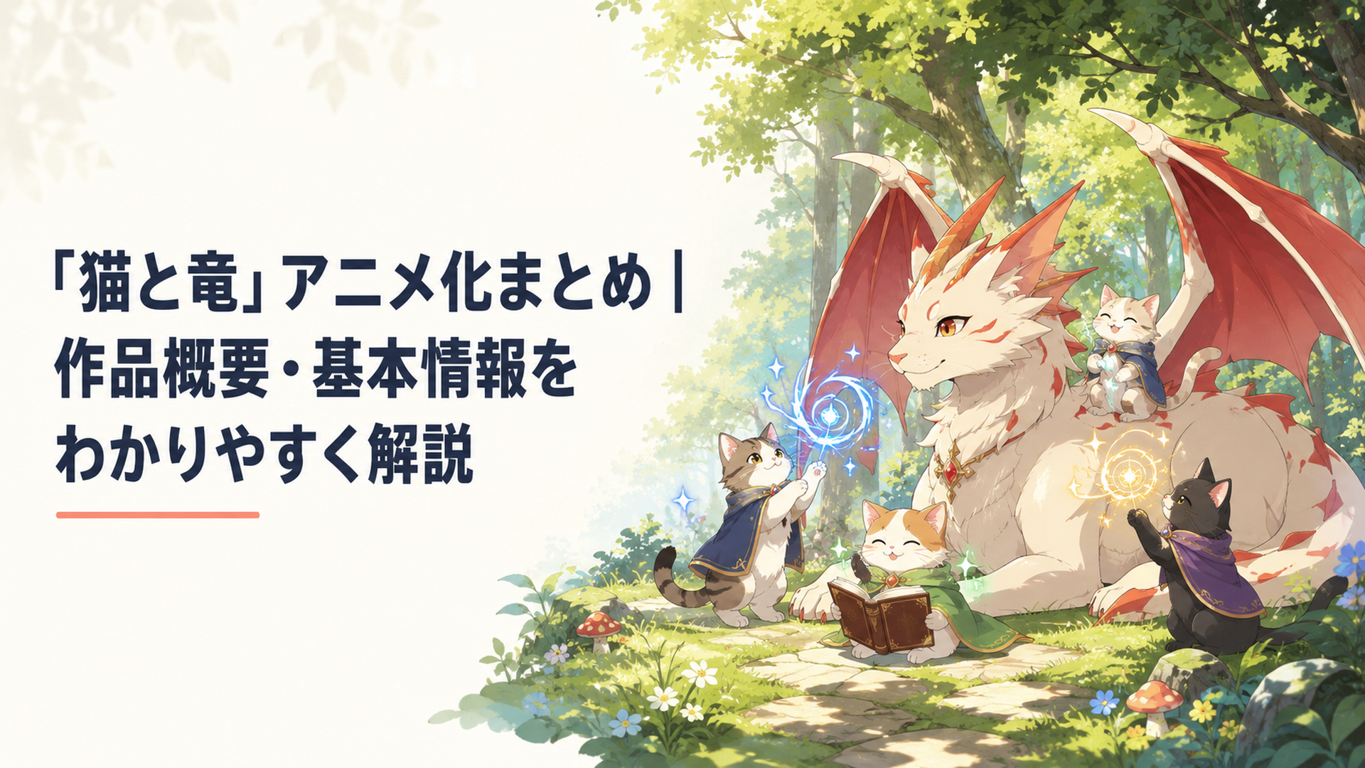深い森で赤い羽を持つ猫竜と魔法を使う猫たちが穏やかに暮らしている幻想的なファンタジー風景