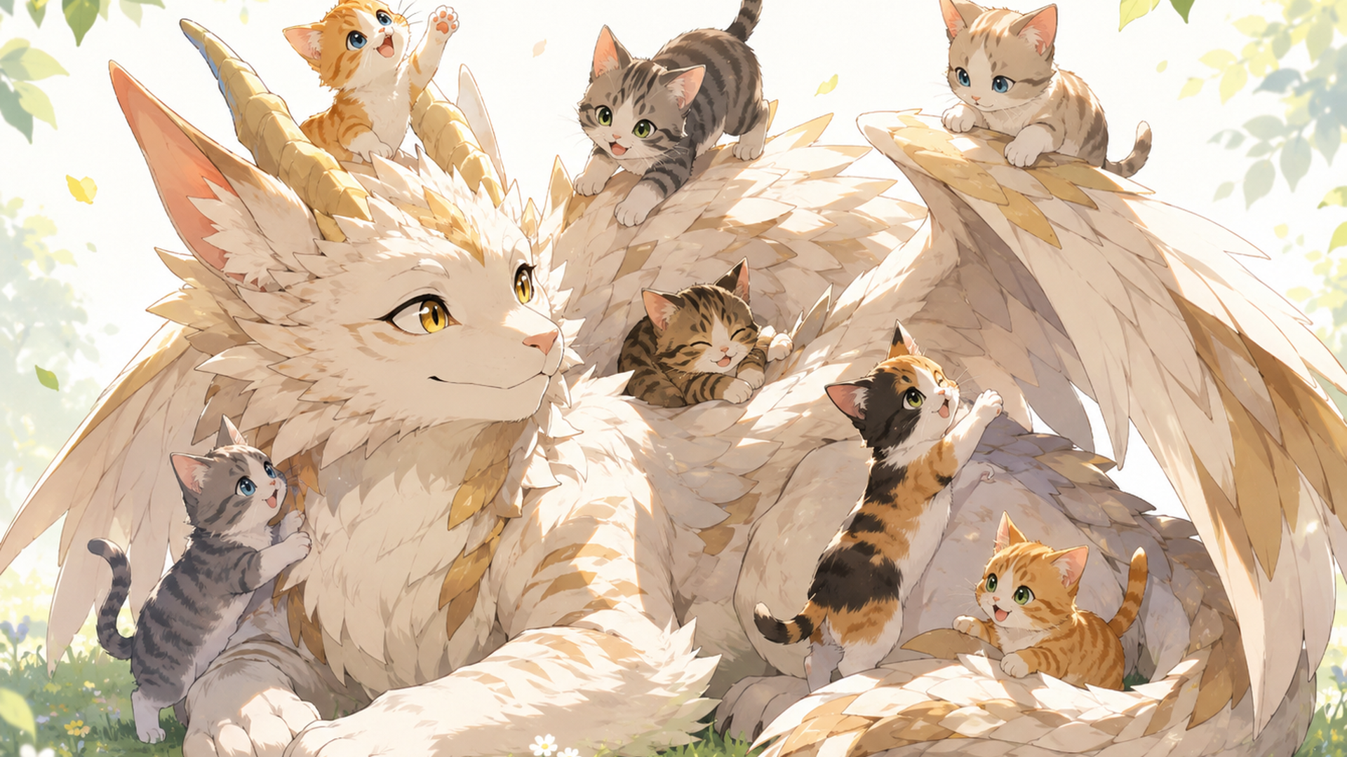 猫竜と森の猫たちの周囲に第1話から第12話までをイメージした小さな物語の場面が並ぶ構成