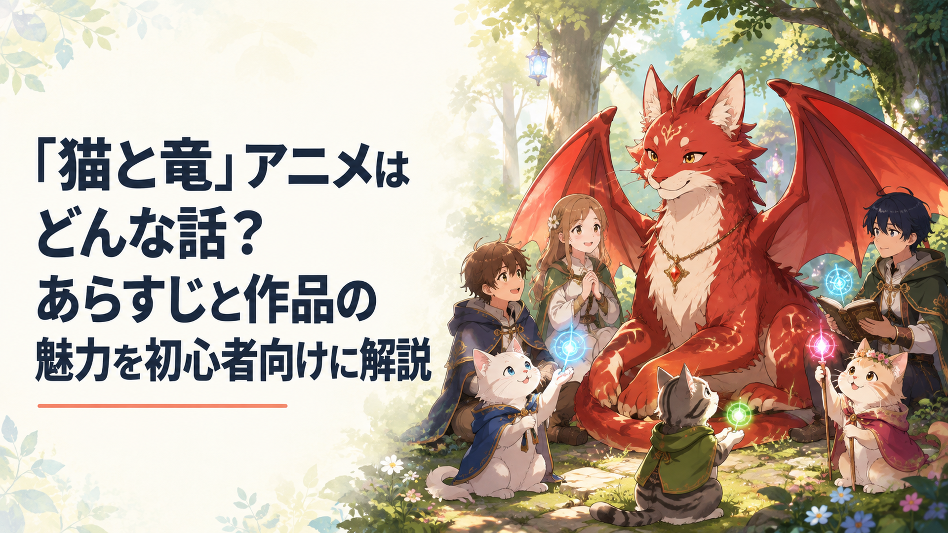 深い森で赤い羽を持つ猫竜を中心に魔法を使う猫たちと人間たちが穏やかに集うファンタジー風景