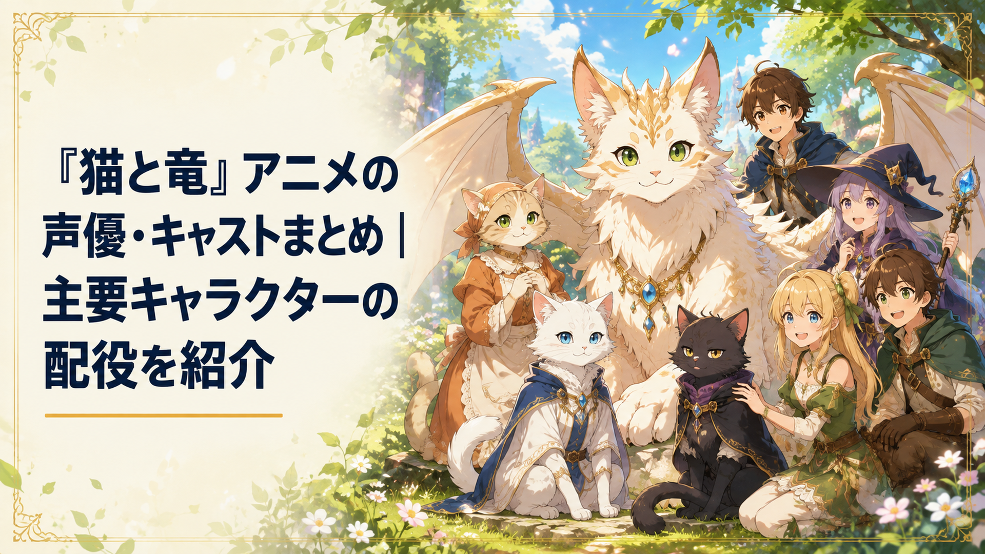 猫竜を中心にママにゃんやシロタエ、クロバネ、人間の仲間たちが集まる温かなファンタジー風景