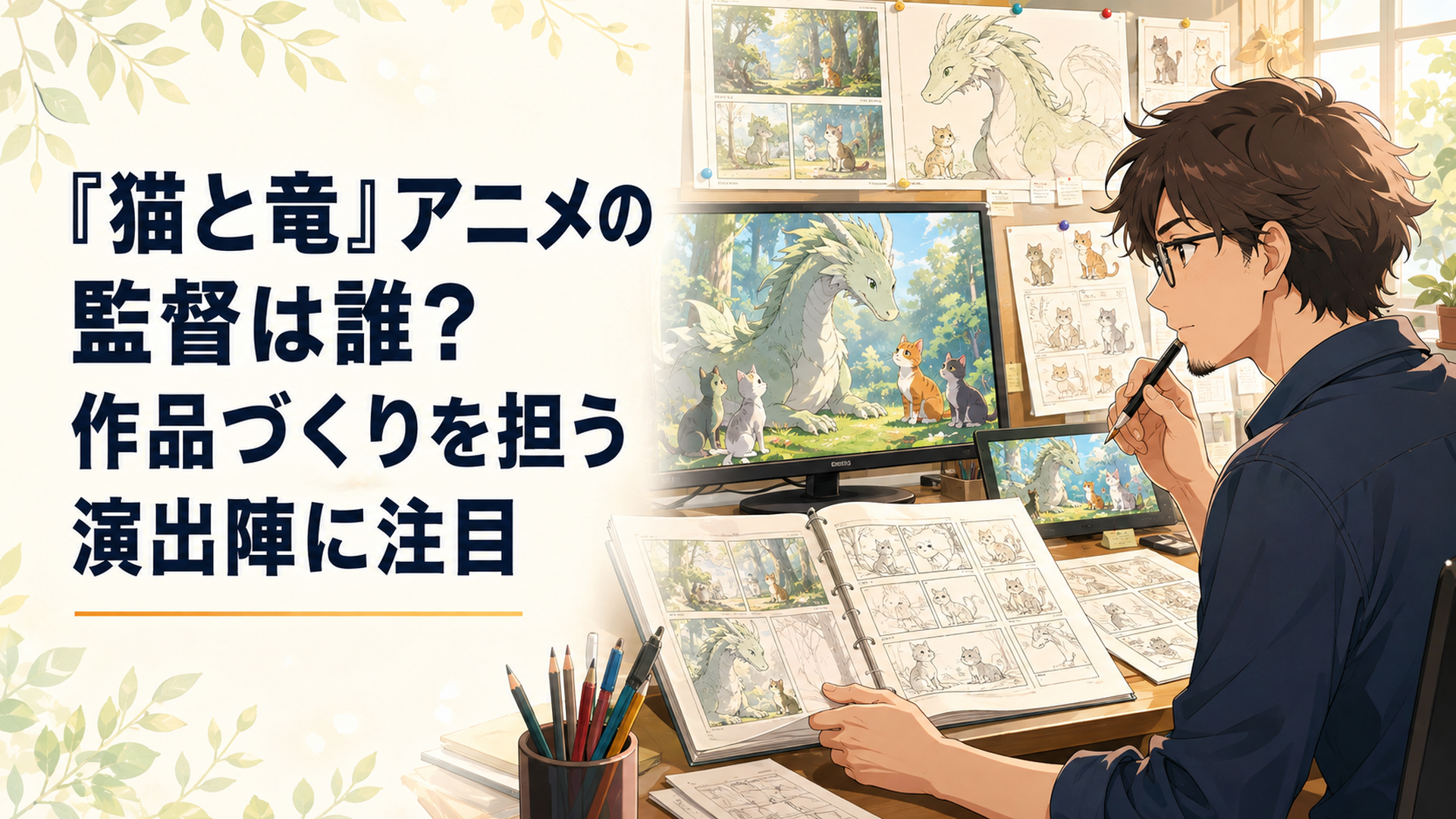 アニメ「猫と竜」のオ ジング監督が絵コンテを広げ猫竜や猫たちの映像演出を確認している制作現場