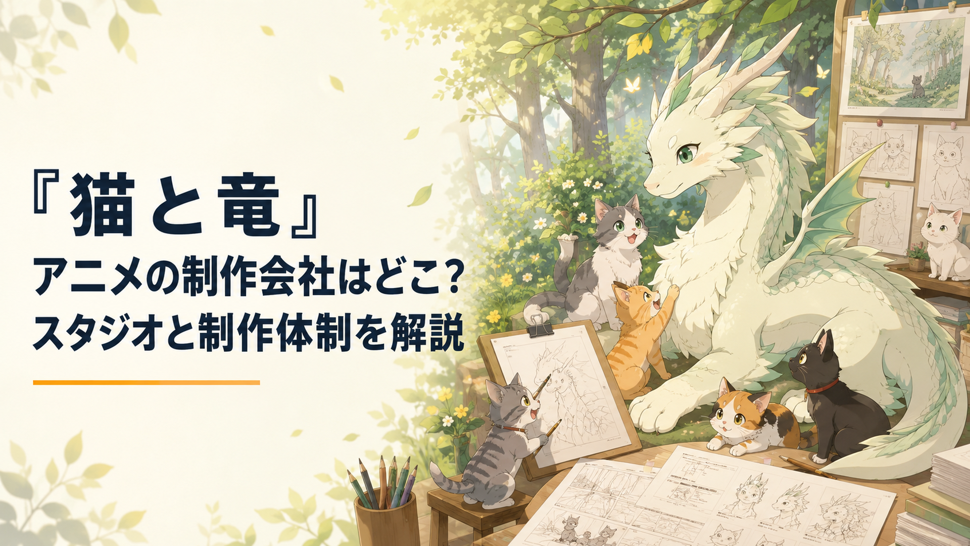 森で猫たちに囲まれる猫竜と、その物語をアニメーション制作するスタジオをイメージした温かな制作風景
