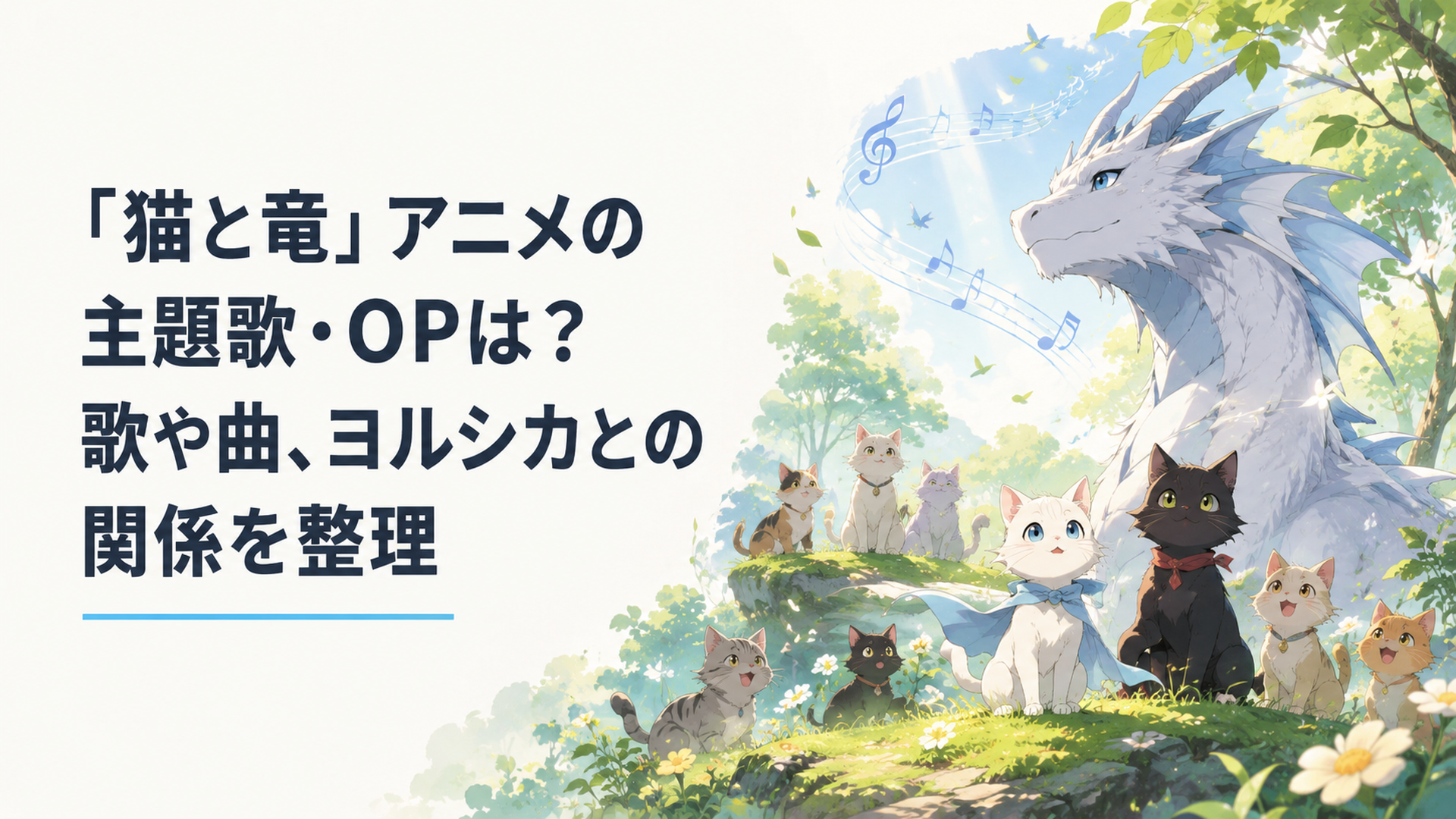 猫と竜の世界を思わせる森の猫と竜を背景に、爽やかな音楽を感じさせるアニメ主題歌イメージ