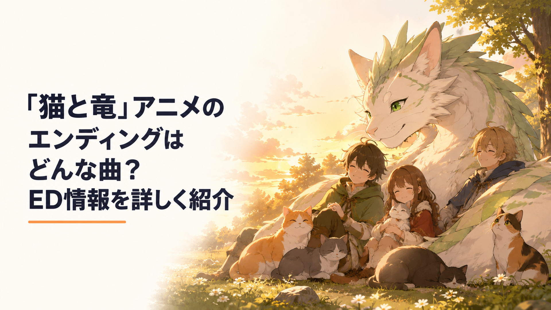 夕暮れの森で猫竜と猫たちと人間が穏やかに寄り添い帰る場所の温かさを感じさせるアニメ風シーン