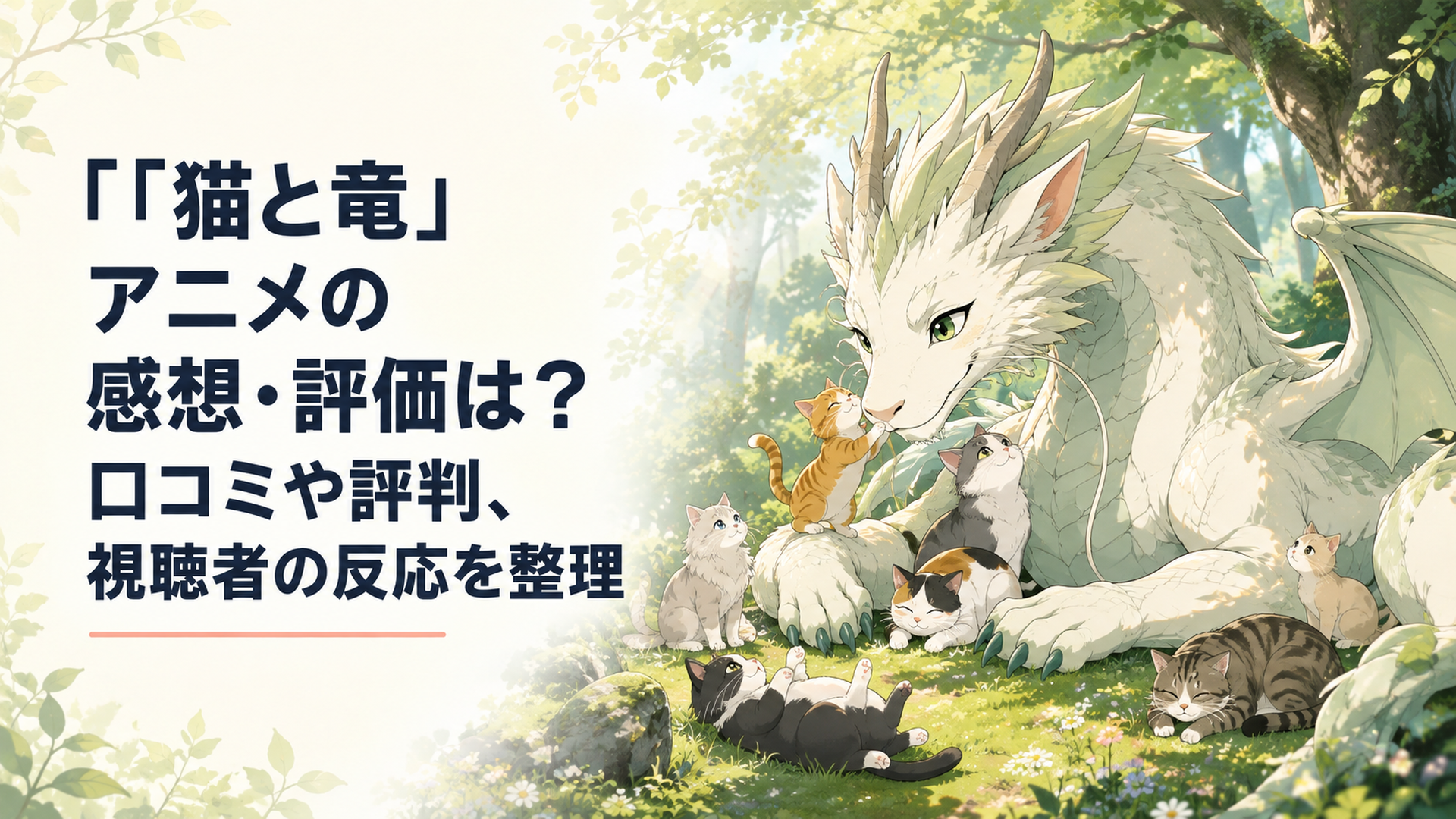 森で猫たちに囲まれながら穏やかに過ごす猫竜を中心に作品の優しい雰囲気を表現したアニメ風シーン