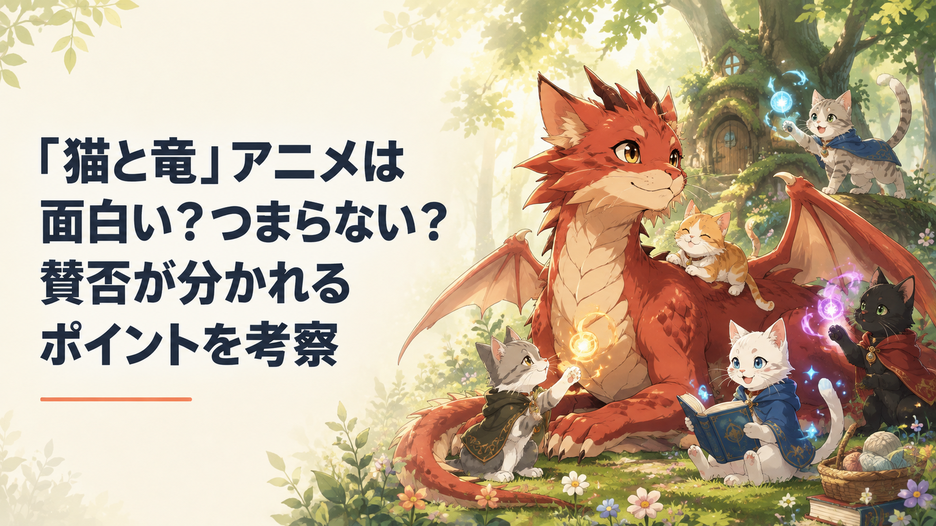 猫に育てられた赤い竜と魔法を使う猫たちが森で穏やかに暮らす温かなファンタジーアニメ風シーン
