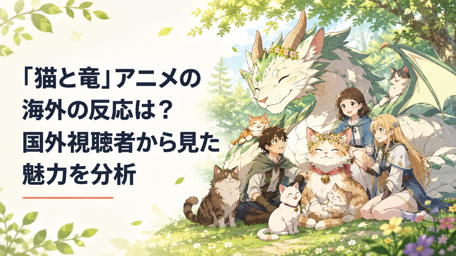 猫竜とママにゃん、森の猫たちや人間の仲間が穏やかに集まり、種族を越えたつながりを感じさせる温かなファンタジーアニメ風シーン