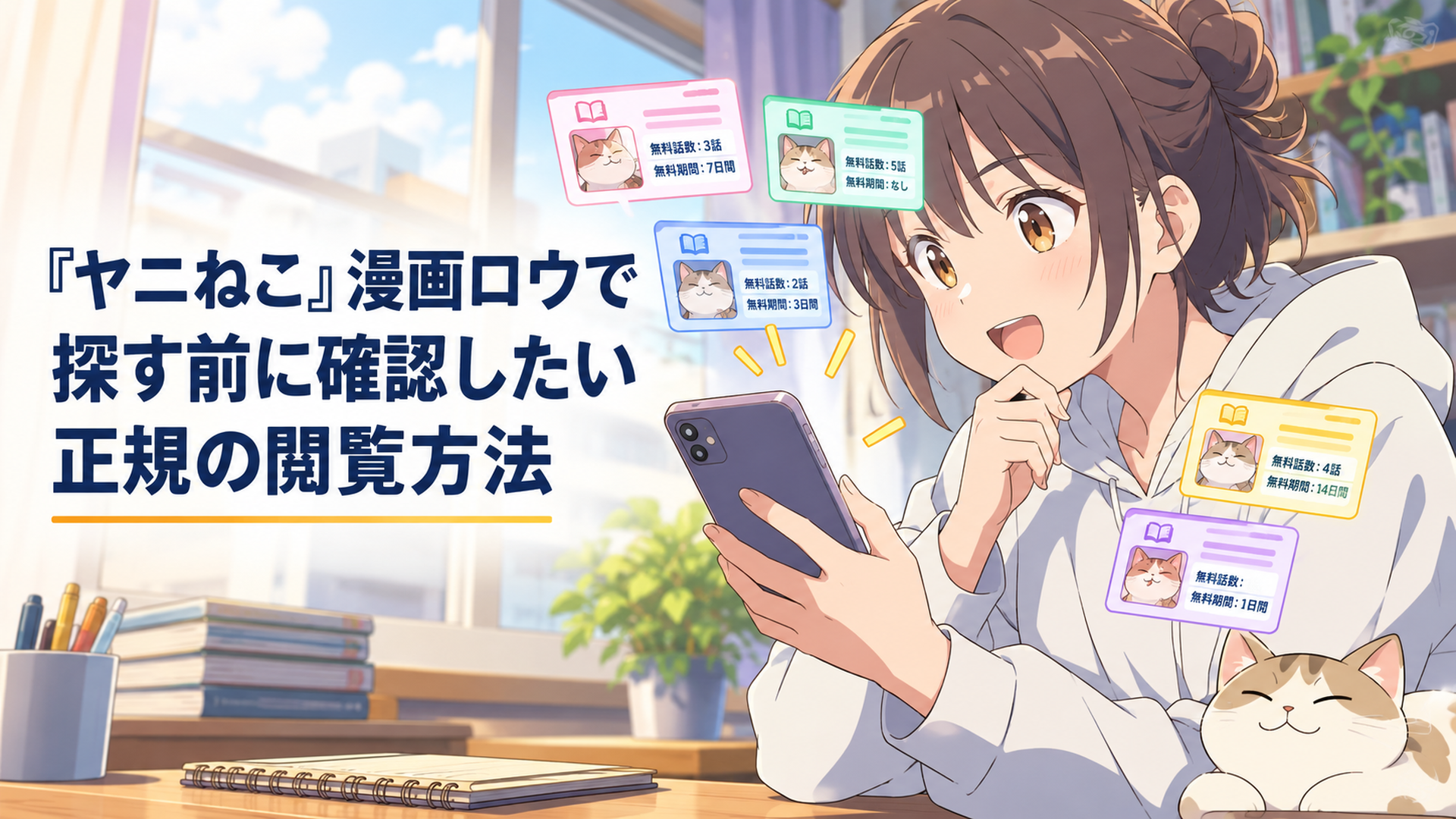 スマートフォンで『ヤニねこ』の正規漫画サービス6つを開き、無料話数と無料期間を比較している漫画ファン