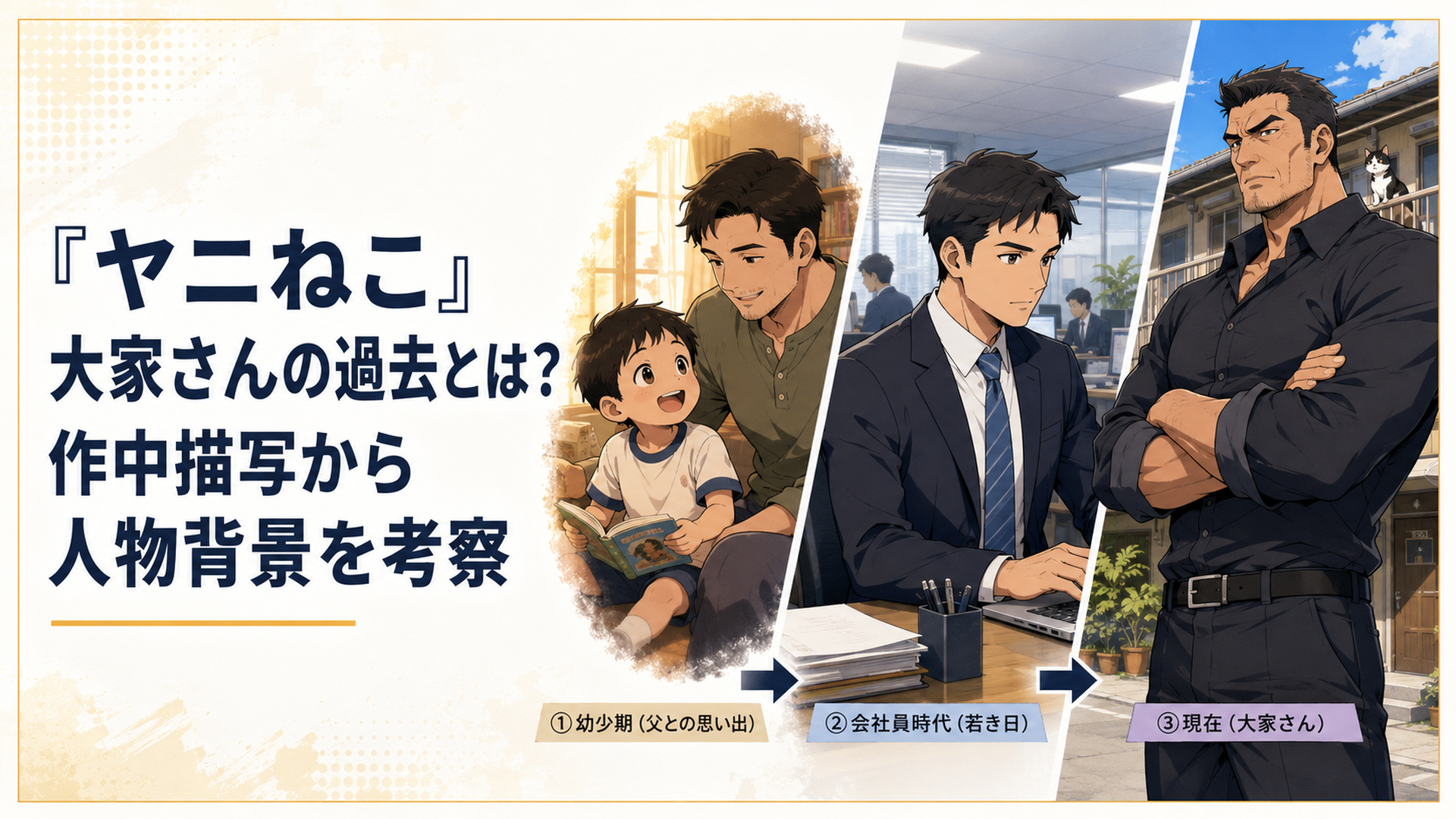 幼少期の父親との記憶、髪のある若い会社員時代、現在の強面な大家さんを時系列で対比した人物背景イメージ