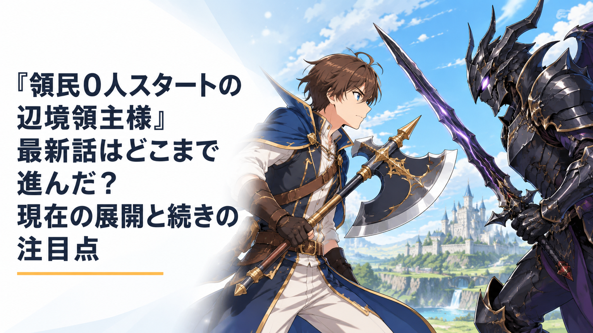 黒いドラゴン風の鎧をまとったアルフォスと戦斧を構えて対峙するディアス