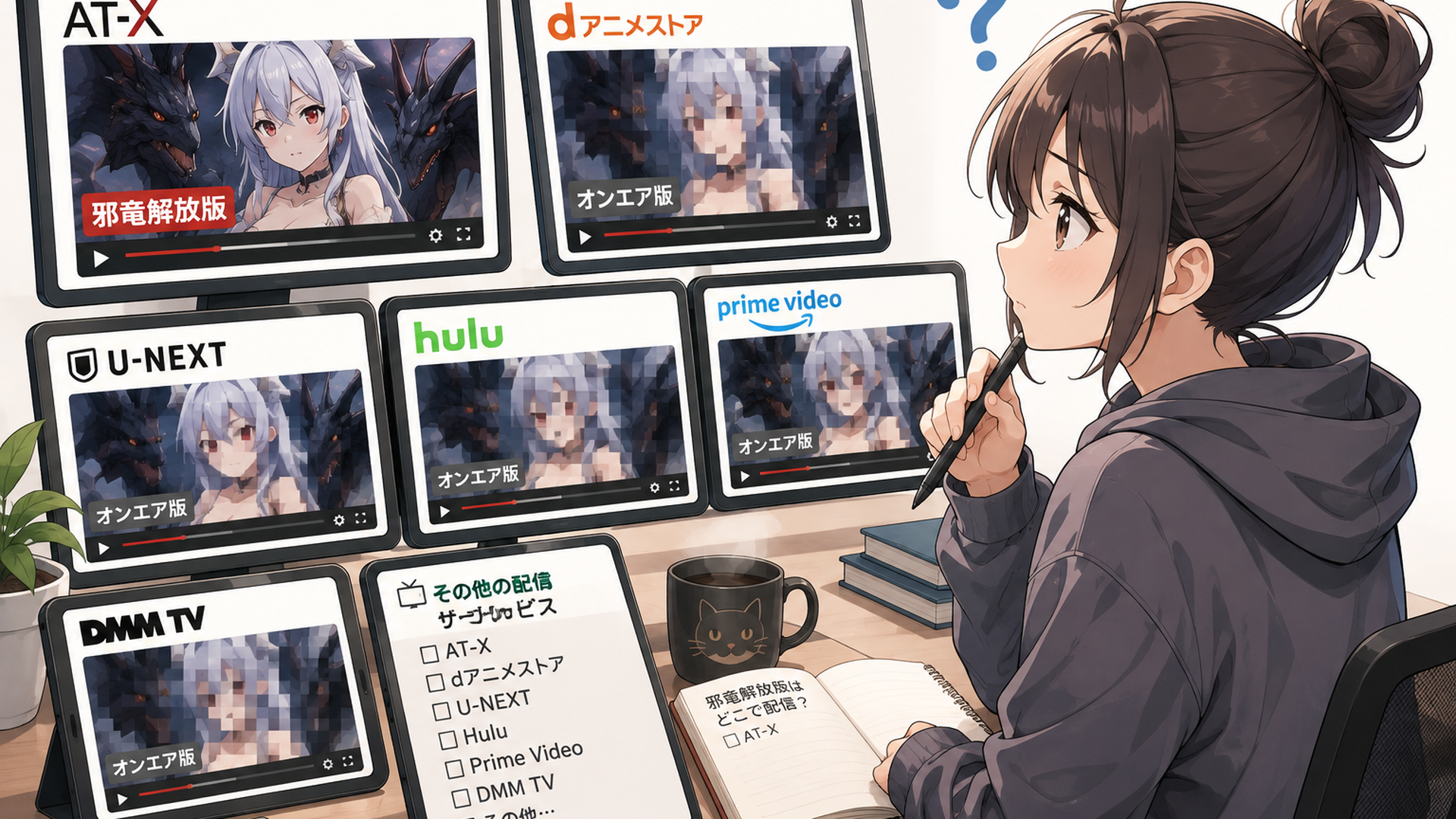 AT-Xと複数の動画配信サービスを見比べながら邪竜解放版を探すアニメファン