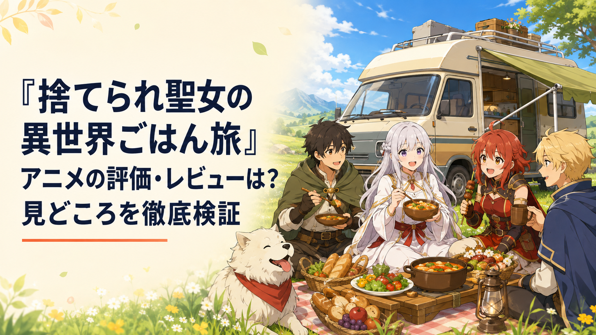 異世界の草原に停まったキャンピングカーの前で料理を囲むリンと暴食の卓の仲間たち