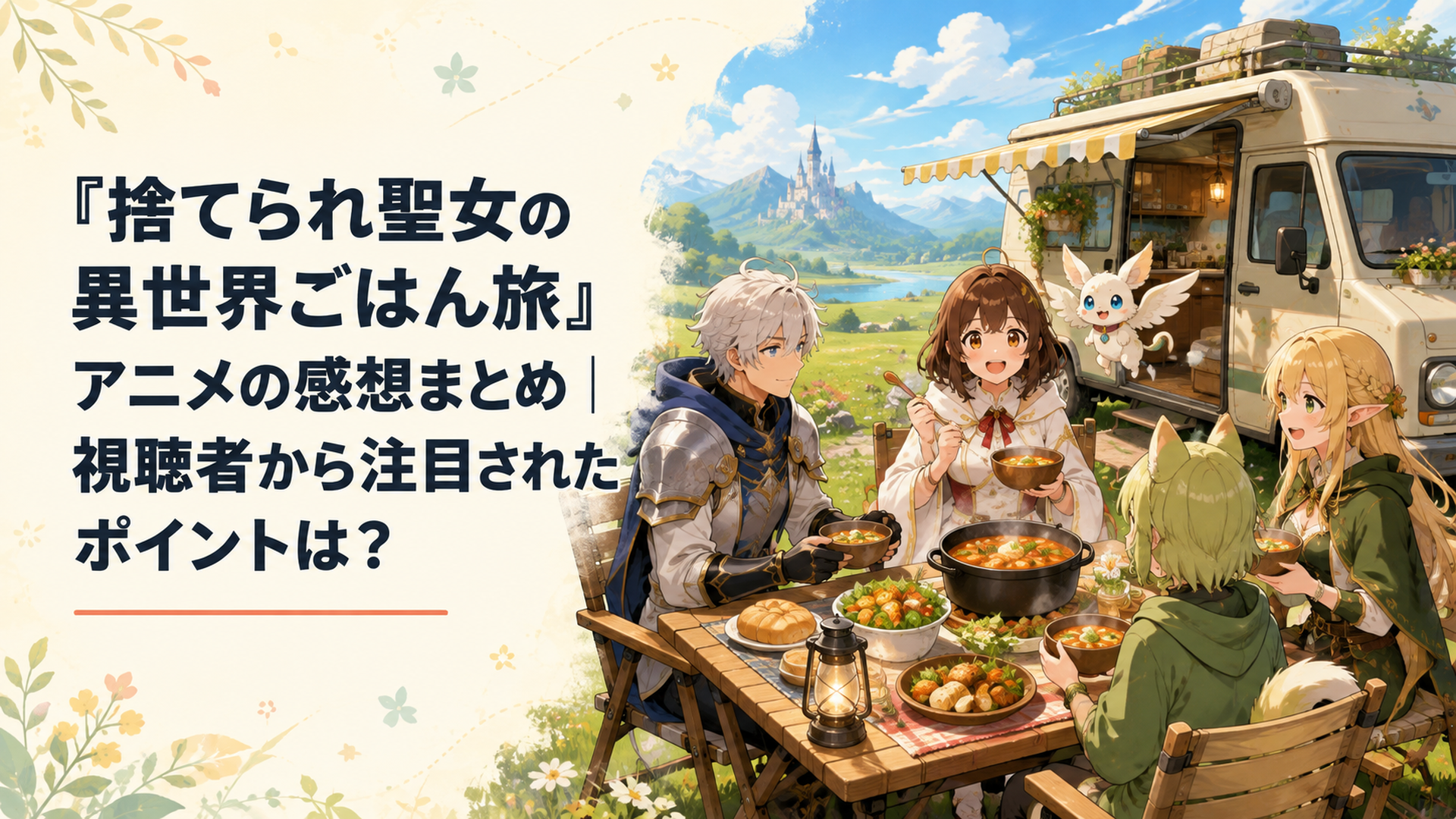 異世界の草原に停めたキャンピングカーの横でリンと仲間たちが温かな料理を囲む食卓