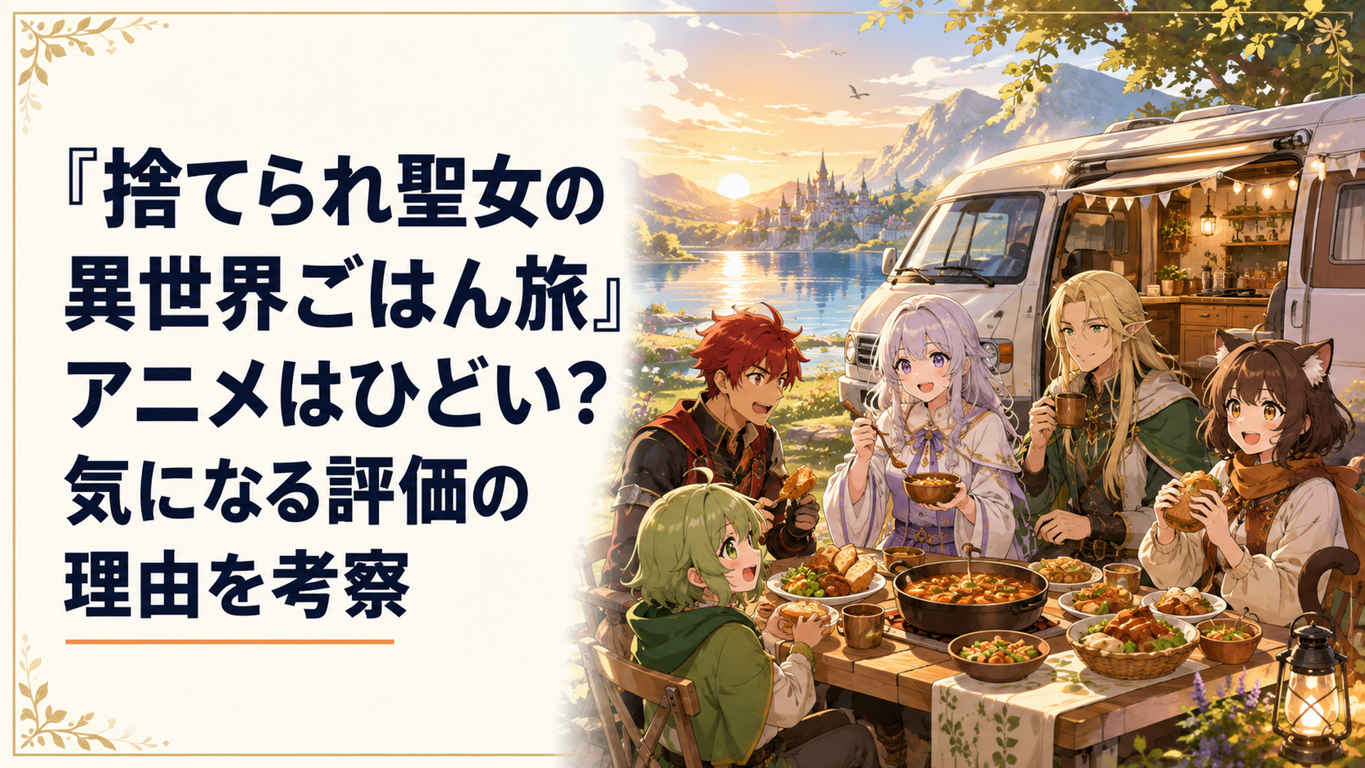 異世界の湖畔に停めたキャンピングカーの前で料理を囲むリンと暴食の卓の仲間たち