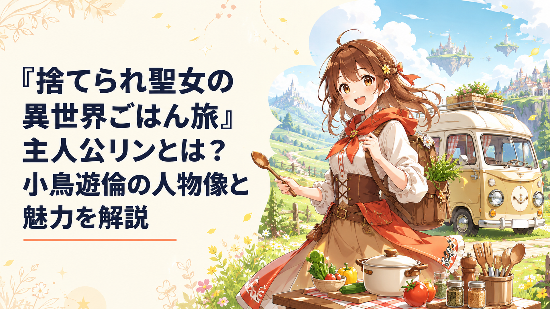 異世界の草原でキャンピングカーのモーちゃんと料理道具を前に笑顔で旅立つ主人公リン