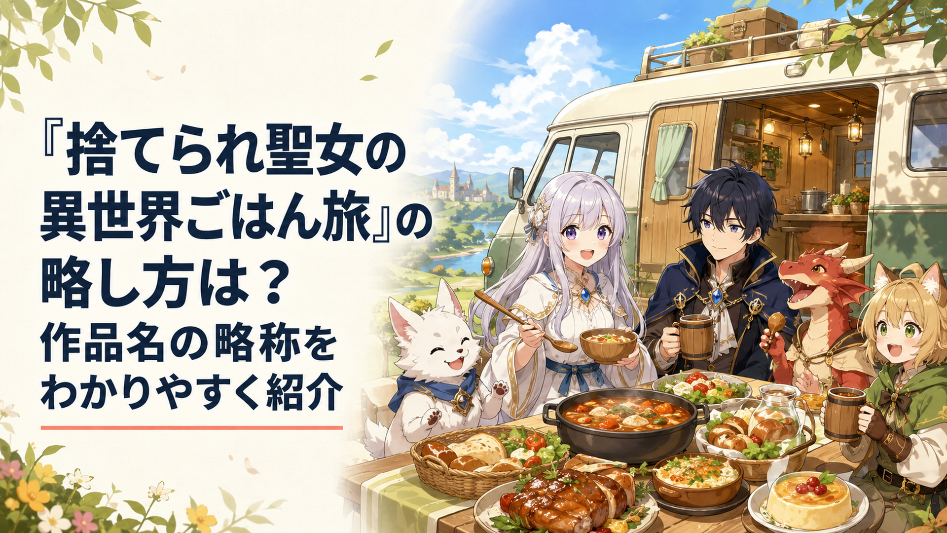 キャンピングカーの前でリンとヴィルたちが楽しそうに異世界の食卓を囲む場面