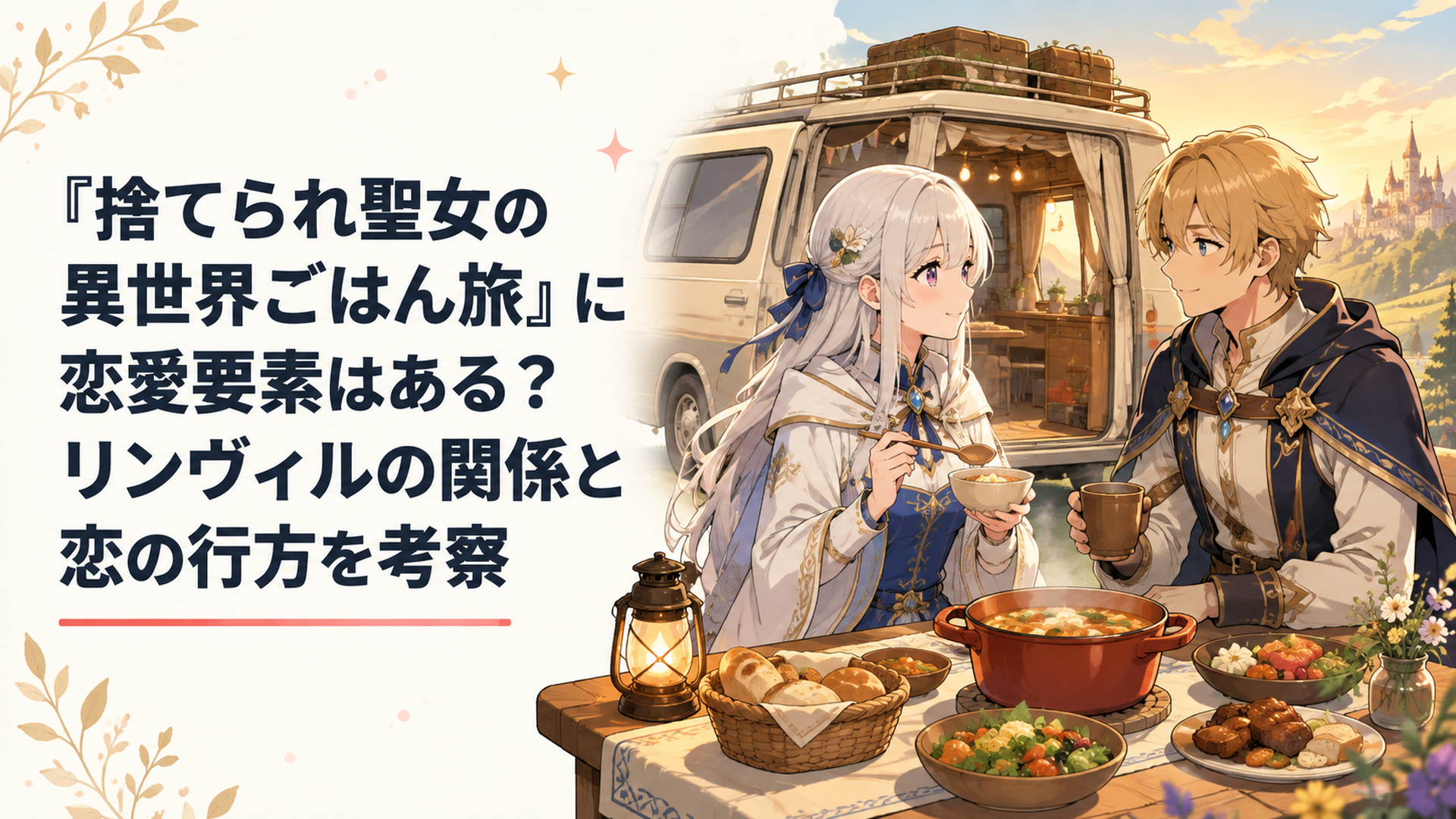 キャンピングカーのそばの食卓で料理を囲み穏やかに向き合うリンとヴィル