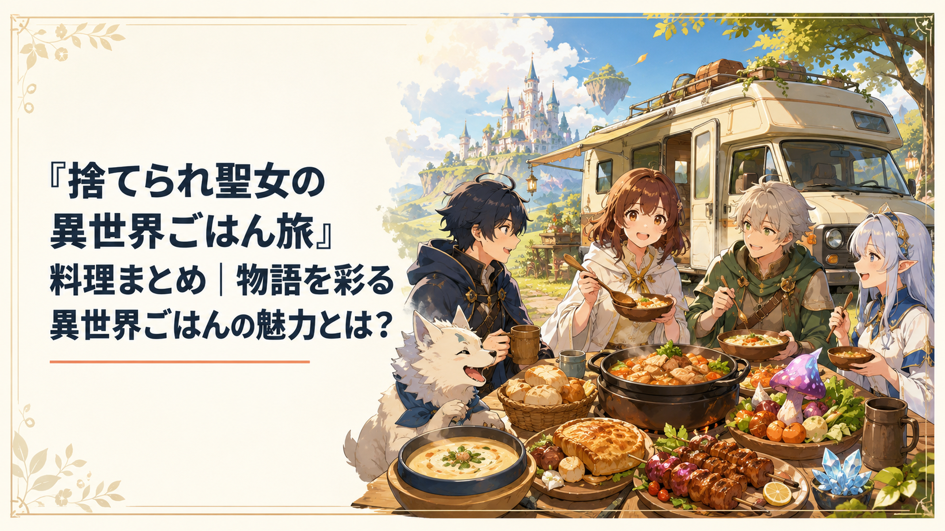 キャンピングカーの横でリンと暴食の卓が異世界食材を使った温かな料理を囲む場面