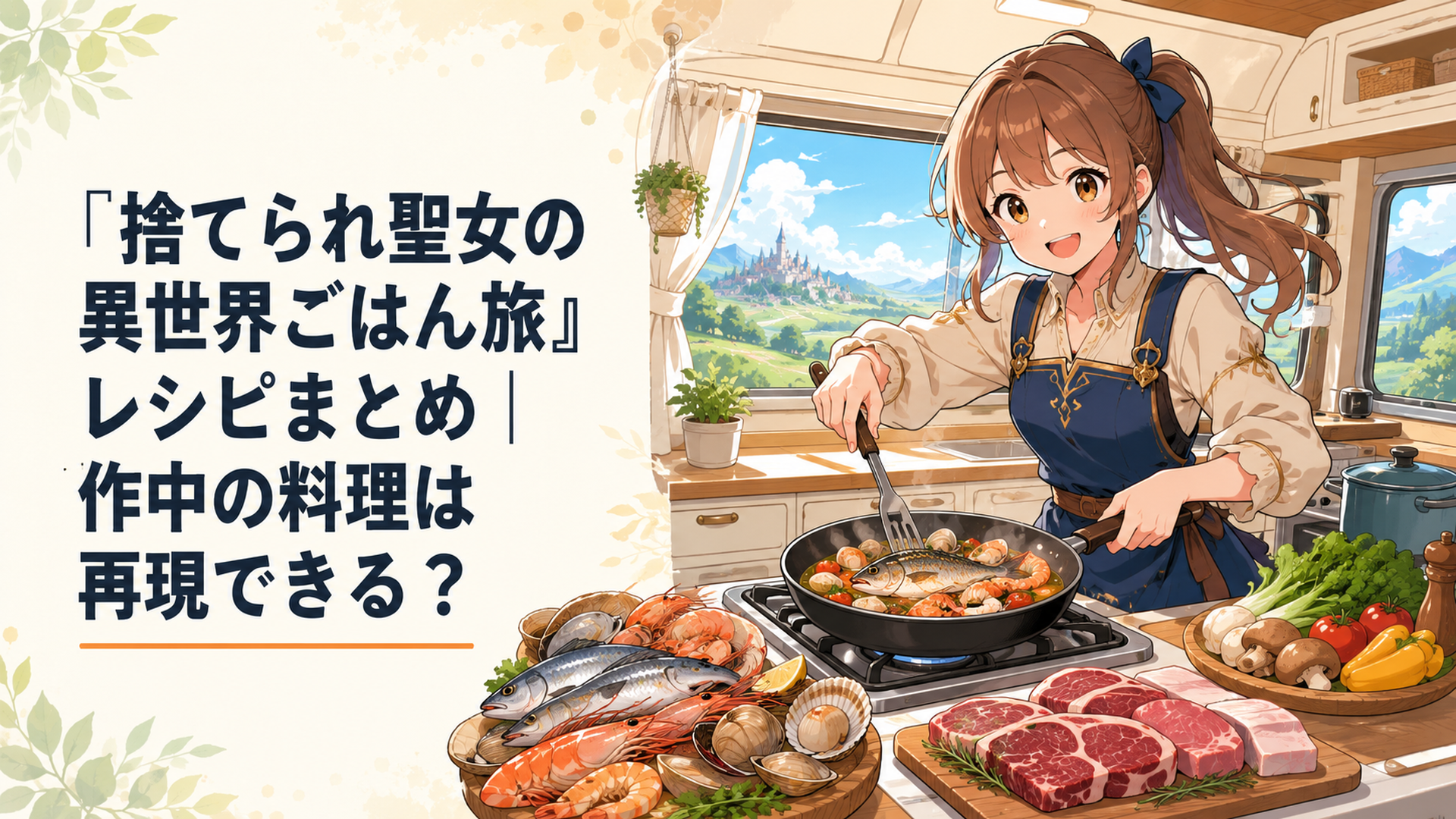 キャンピングカーの調理スペースで魚介や肉を使った異世界料理を楽しそうに作るリン