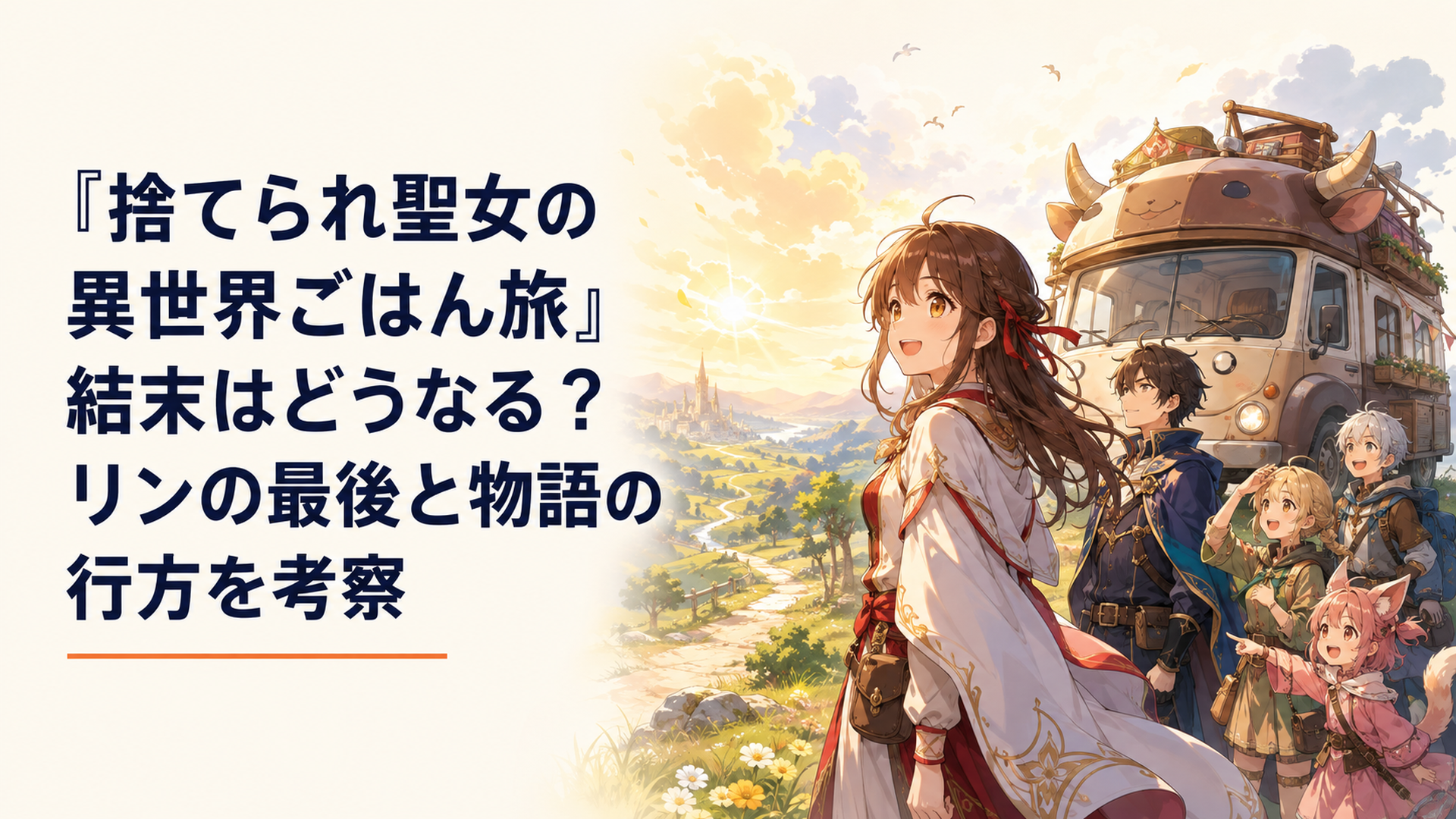 モーちゃんの前でリンとヴィルたちが旅の先を見つめている場面