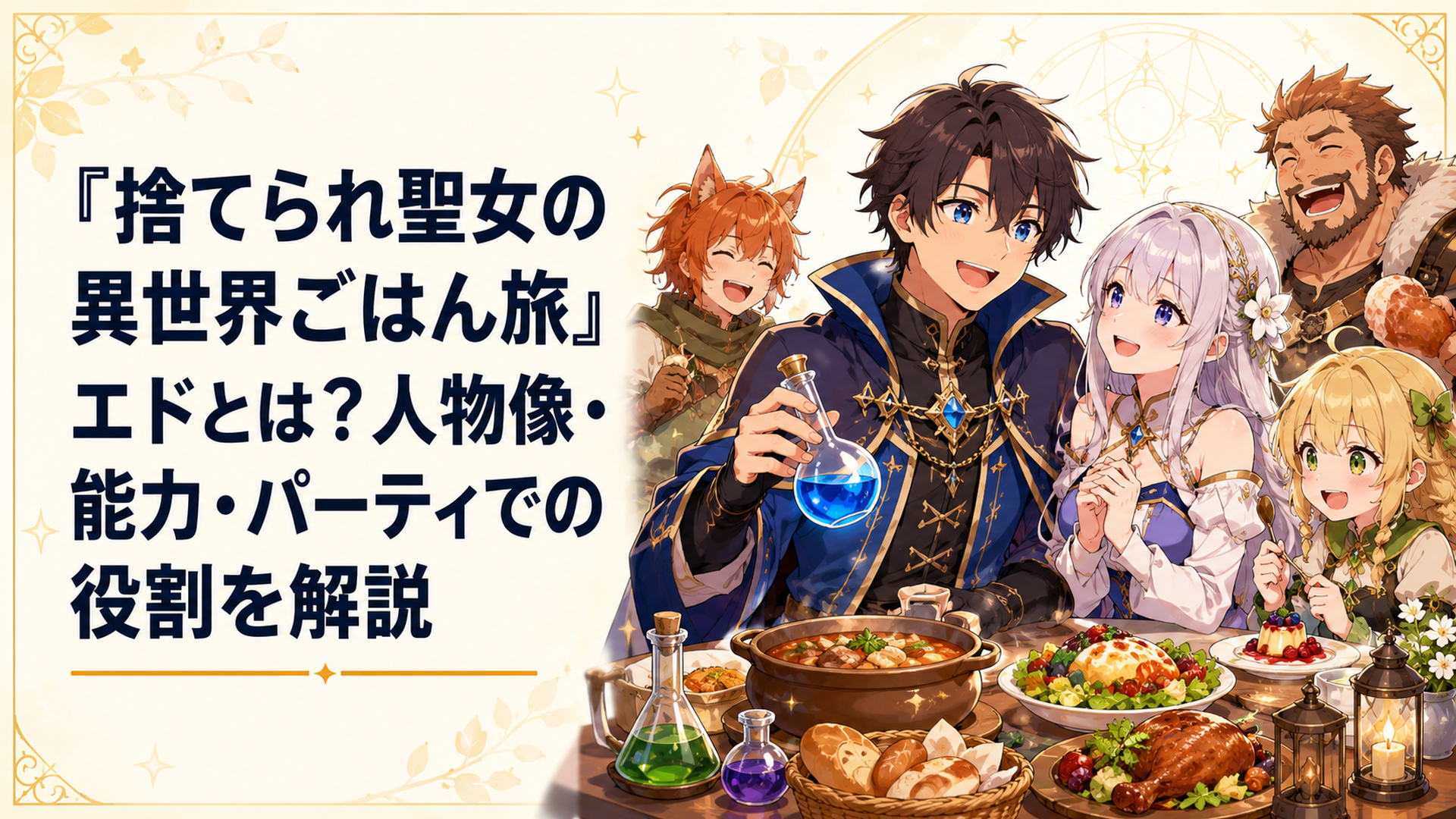 暴食の卓の仲間と食卓を囲み妻アリアの隣で楽しそうに笑う魔導錬金術師エド