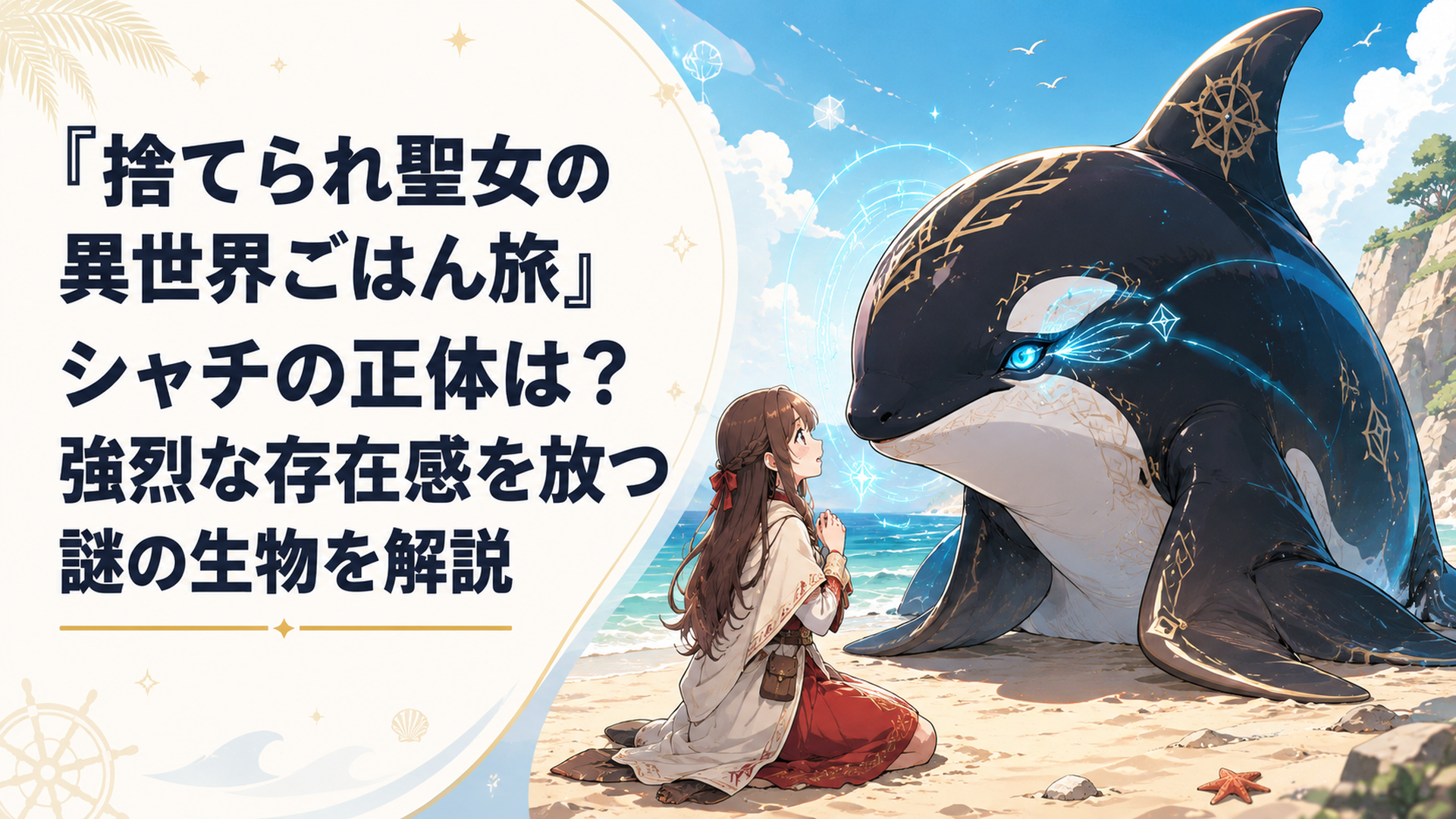 砂浜に座礁しリンへ精神感応で話しかける巨大なシャチ姿のレプン・カムイ