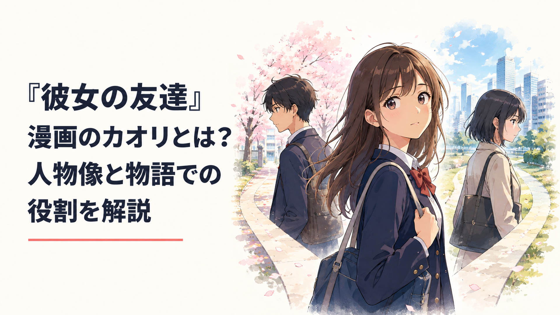 カオリを中心にタケルとトモコとの三角関係と卒業後の人生の分岐を表現したアニメ風シーン