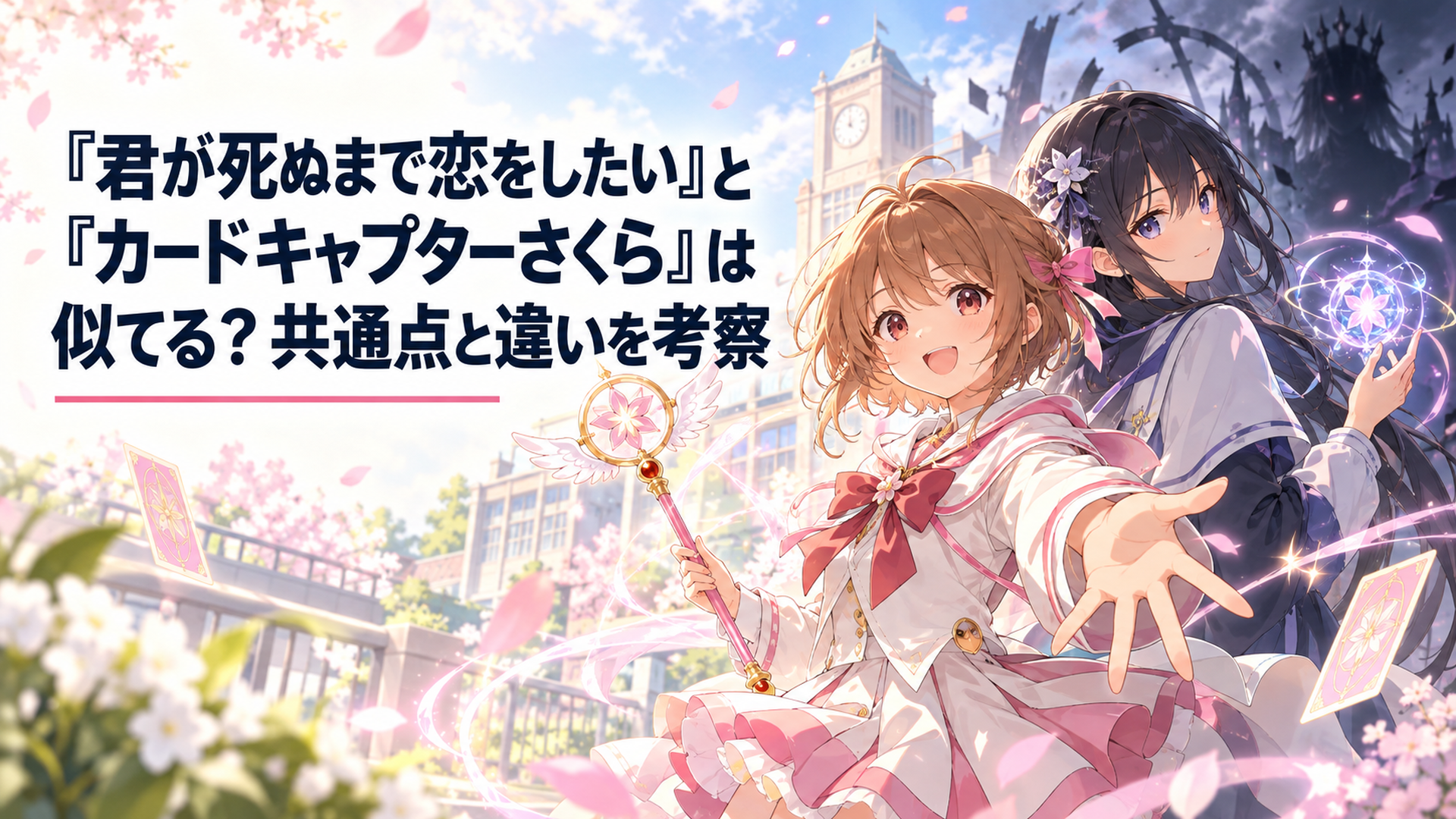 柔らかな学校の光の中で魔法を使う少女たちと遠くの不穏な影を対比した幻想的な場面