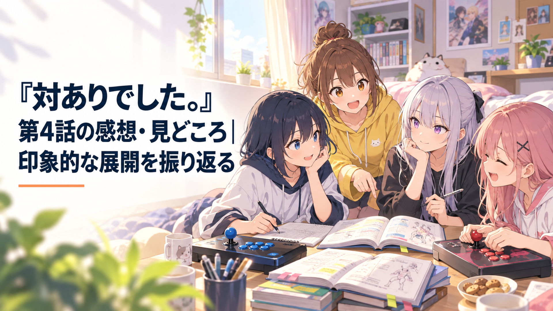 珠樹の部屋で参考書とアーケードコントローラーを囲む綾、美緒、夕、珠樹