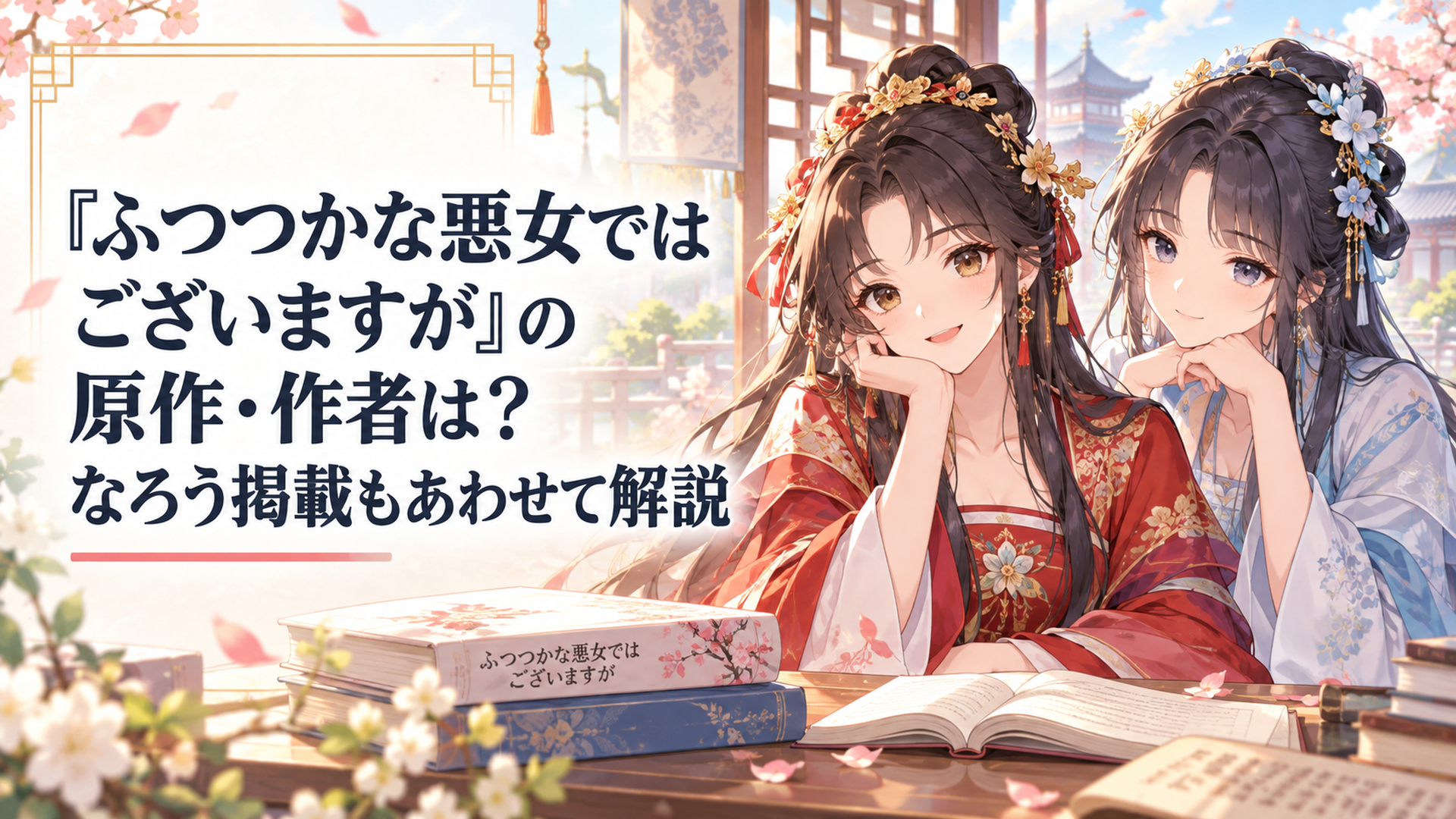 『ふつつかな悪女ではございますが』の原作小説とWeb版を前に黄玲琳と朱慧月が並ぶ中華風ファンタジーの明るい場面