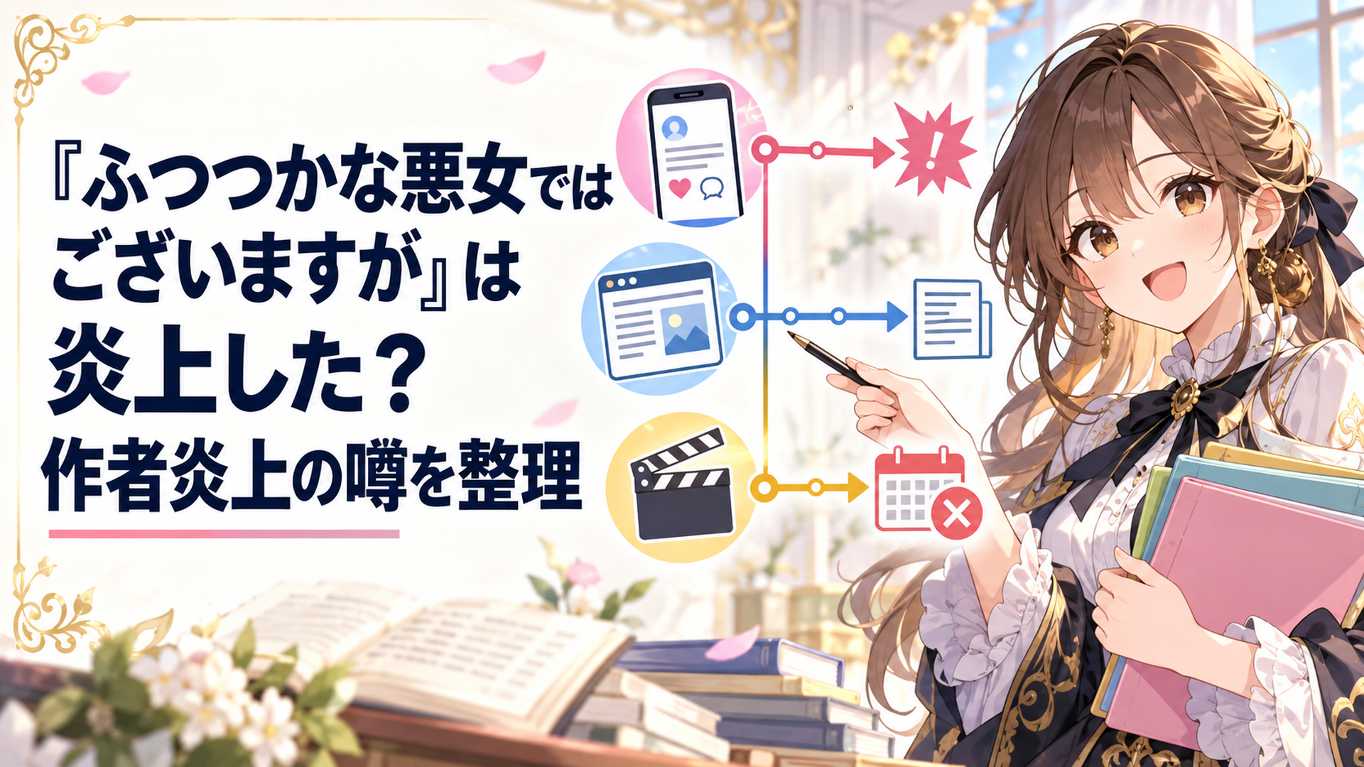 『ふつつかな悪女ではございますが』作者炎上の発端となったSNS投稿とWeb版公開終了やアニメ延期を別々の時系列で整理するイメージ