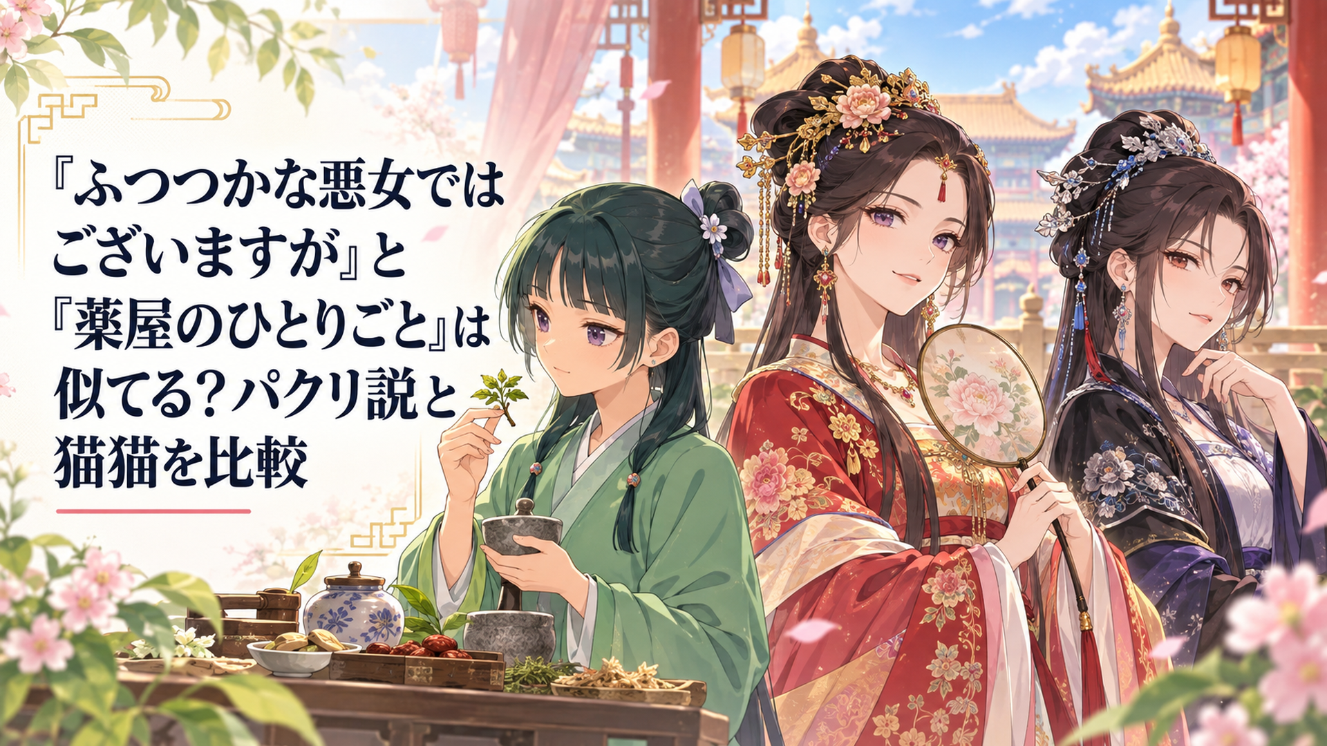 中華風の宮廷を背景に薬師風の少女と黄玲琳・朱慧月を左右に配置し二作品の共通点と違いを比較するイメージ
