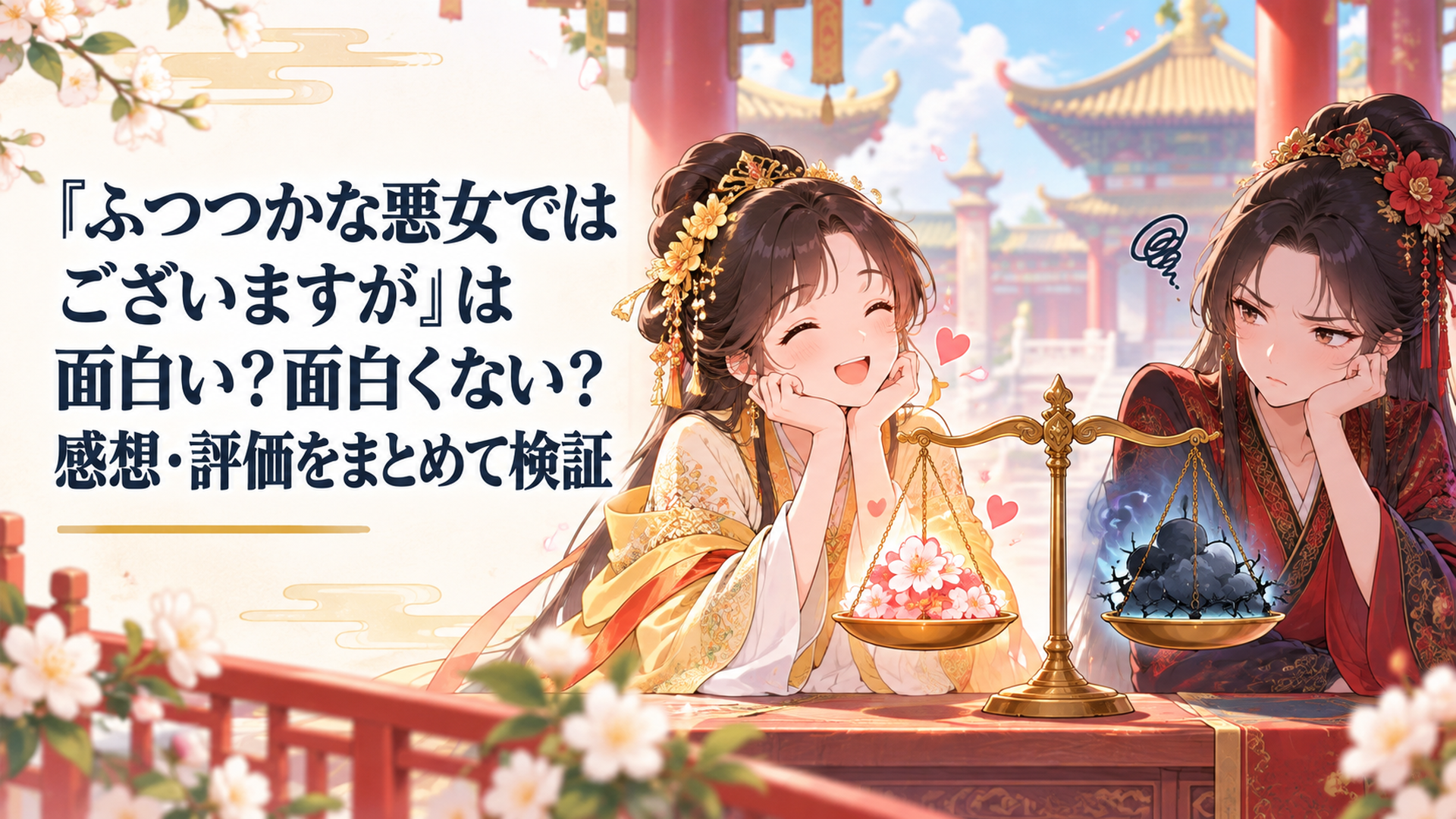 黄玲琳と朱慧月が向かい合い、面白いという高評価と面白くないという低評価を比較する中華後宮風の場面