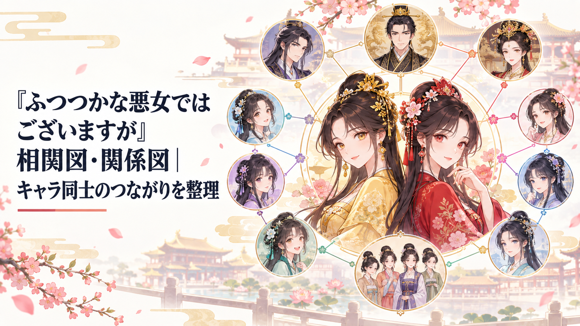 黄玲琳と朱慧月を中央に五家の雛女・皇族・后妃・女官の関係が広がる華やかな中華後宮風の相関図イメージ