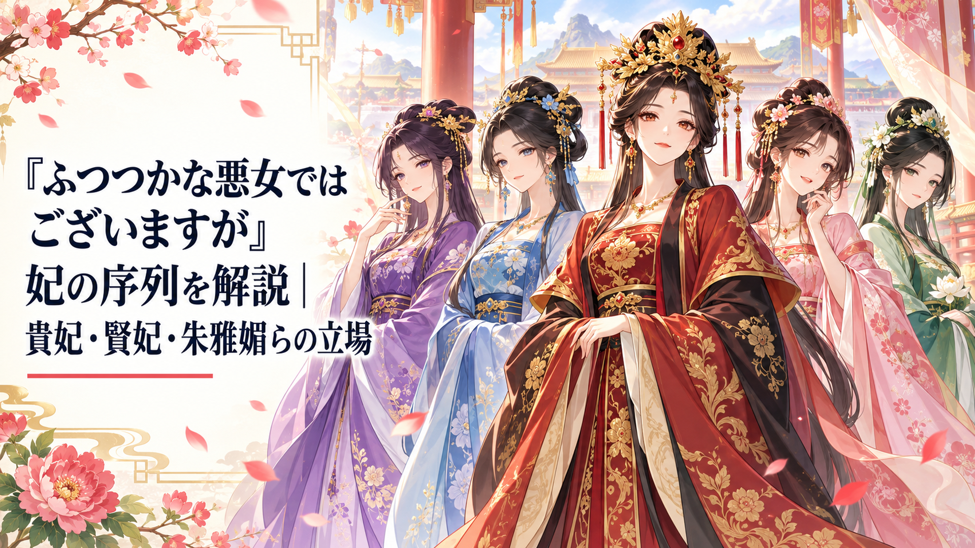 皇后と貴妃・淑妃・徳妃・賢妃が並ぶ華やかな中華後宮風の場面
