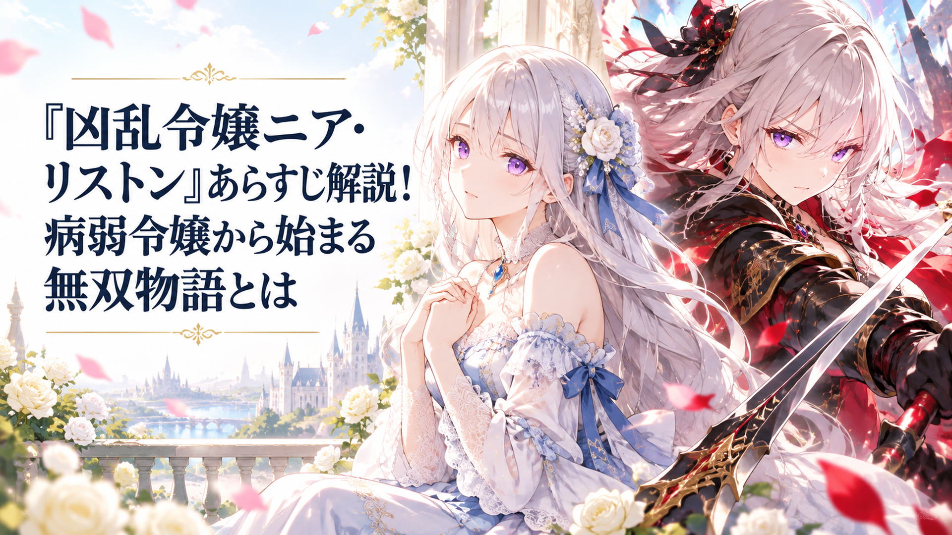 可憐な令嬢ニアと神殺しの武人として鋭い眼差しを見せるニアを対比した場面