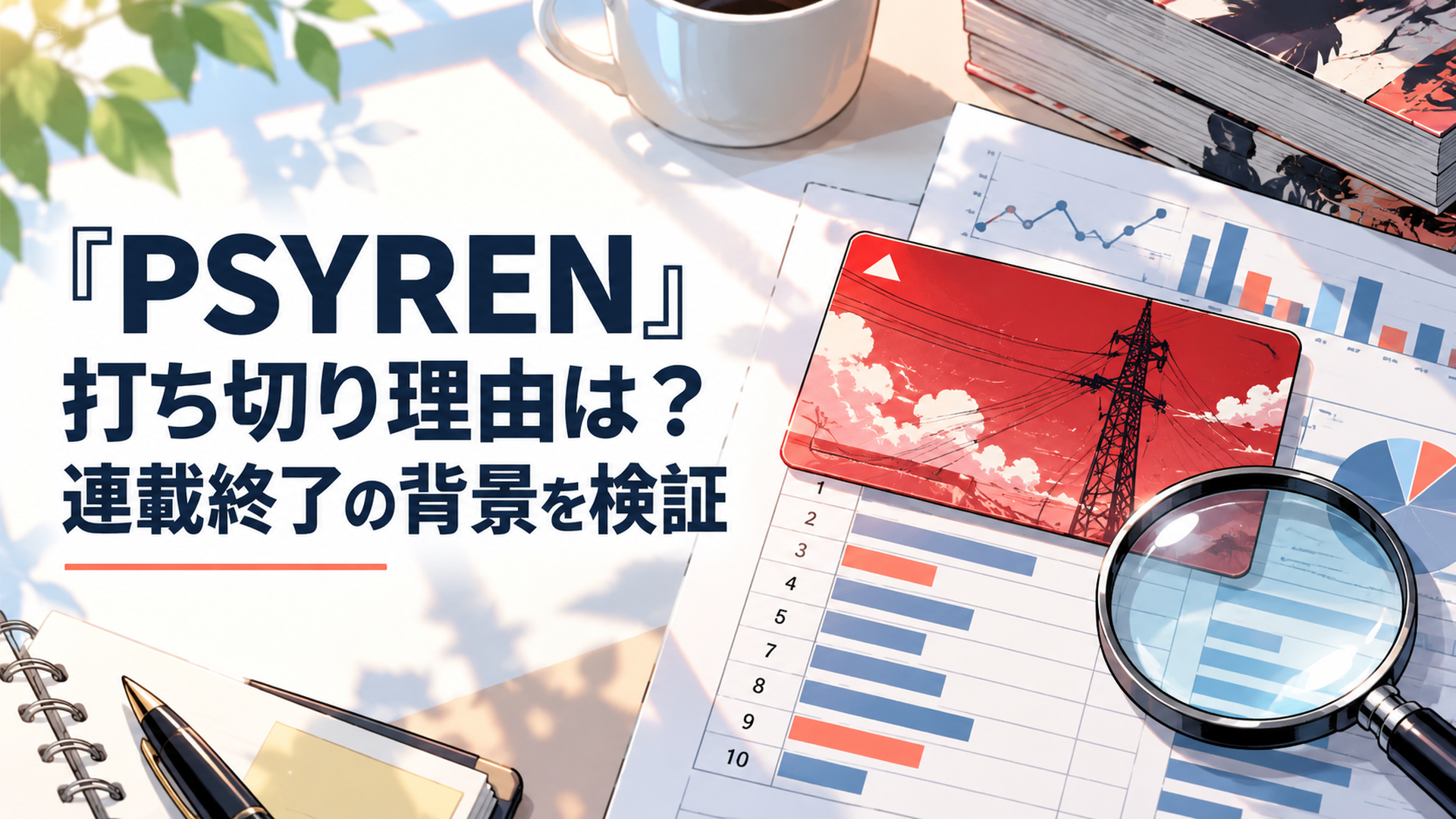 赤いテレホンカードと週刊少年ジャンプの掲載順データを前にPSYRENの打ち切り理由を検証するイメージ
