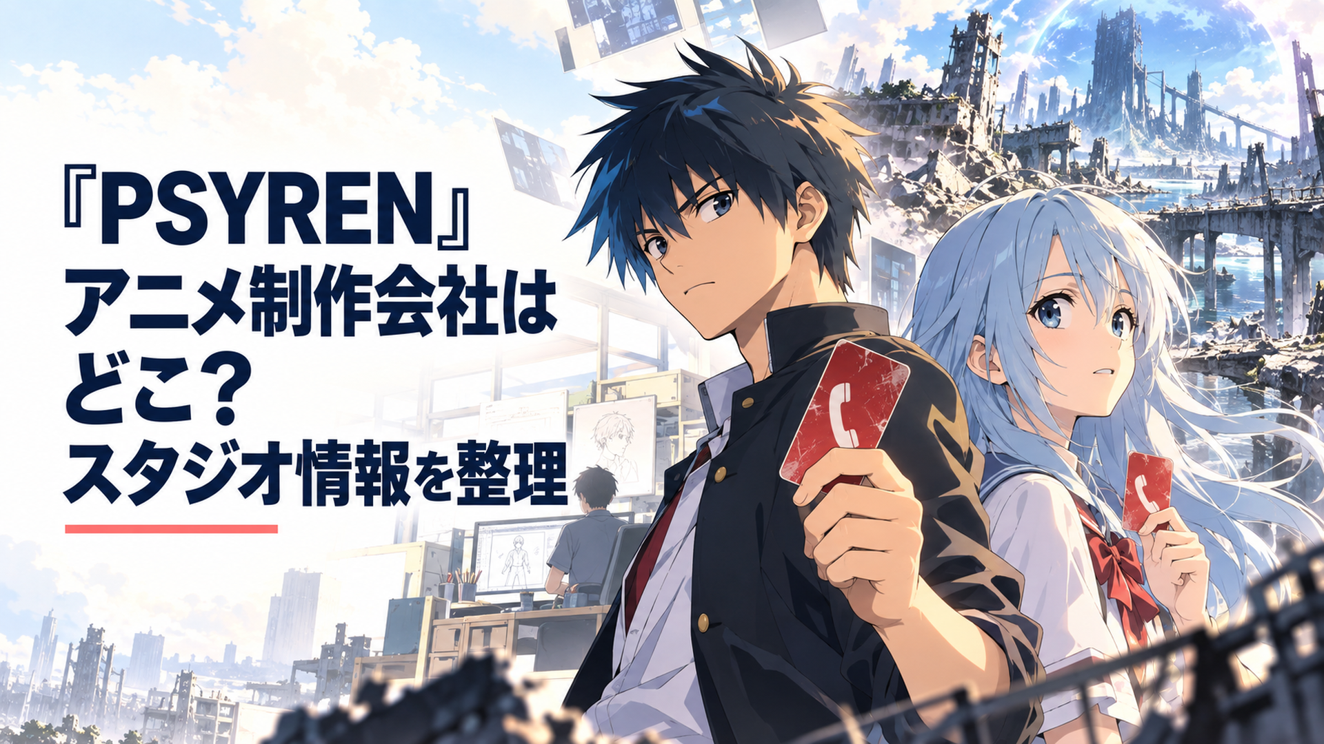 赤いテレホンカードを手にした少年少女の背後にアニメ制作スタジオと荒廃したサイレン世界が重なるイメージ
