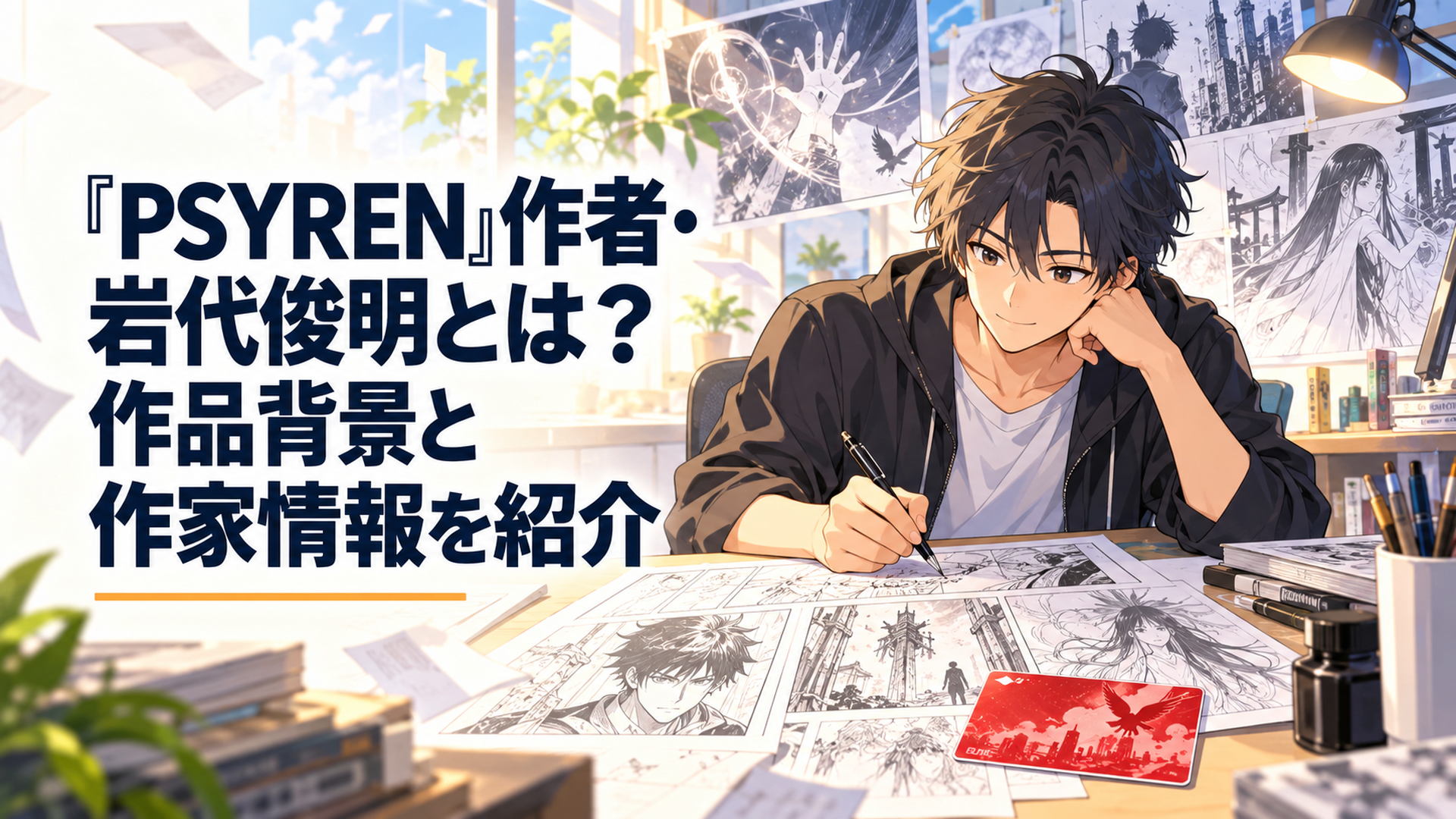 みえるひと・PSYREN・カガミガミへとつながる漫画原稿と赤いテレホンカードを前に創作する漫画家のイメージ