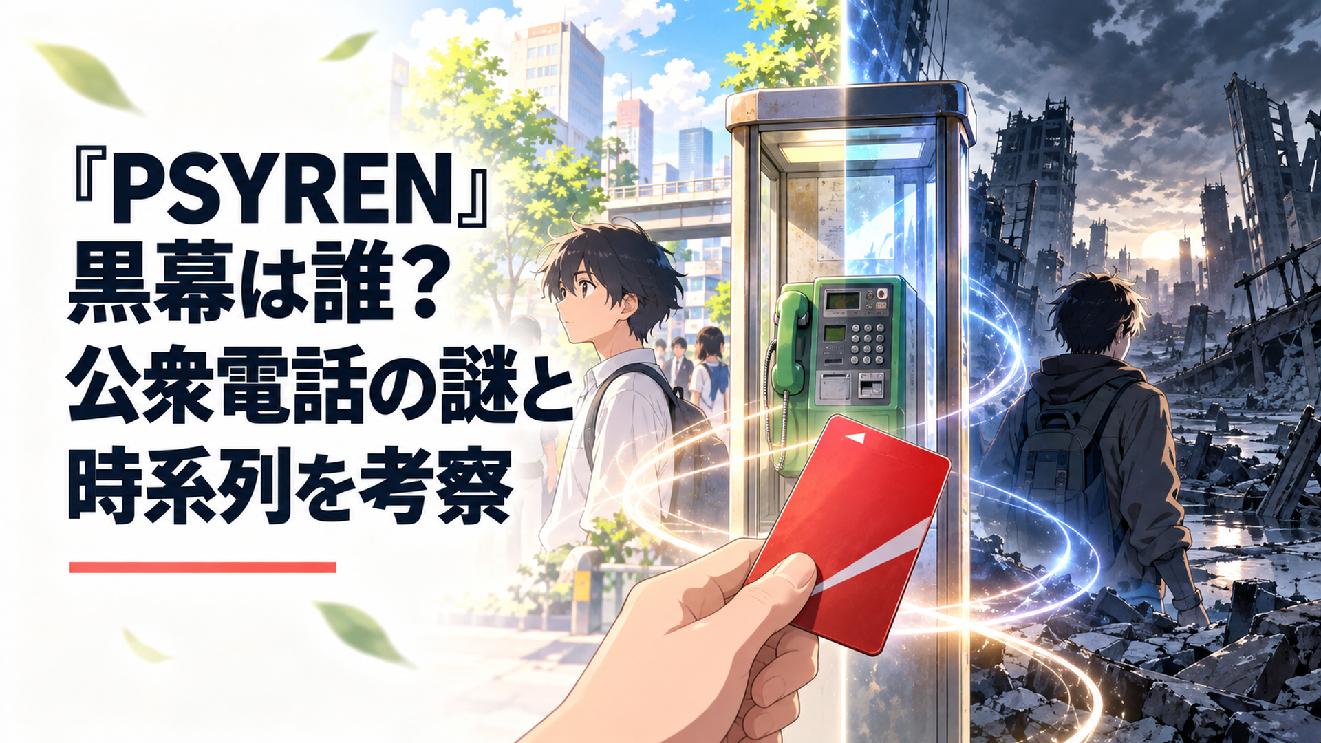 赤いテレホンカードと公衆電話を境に現代の日常と荒廃した未来世界がつながるPSYRENのイメージ
