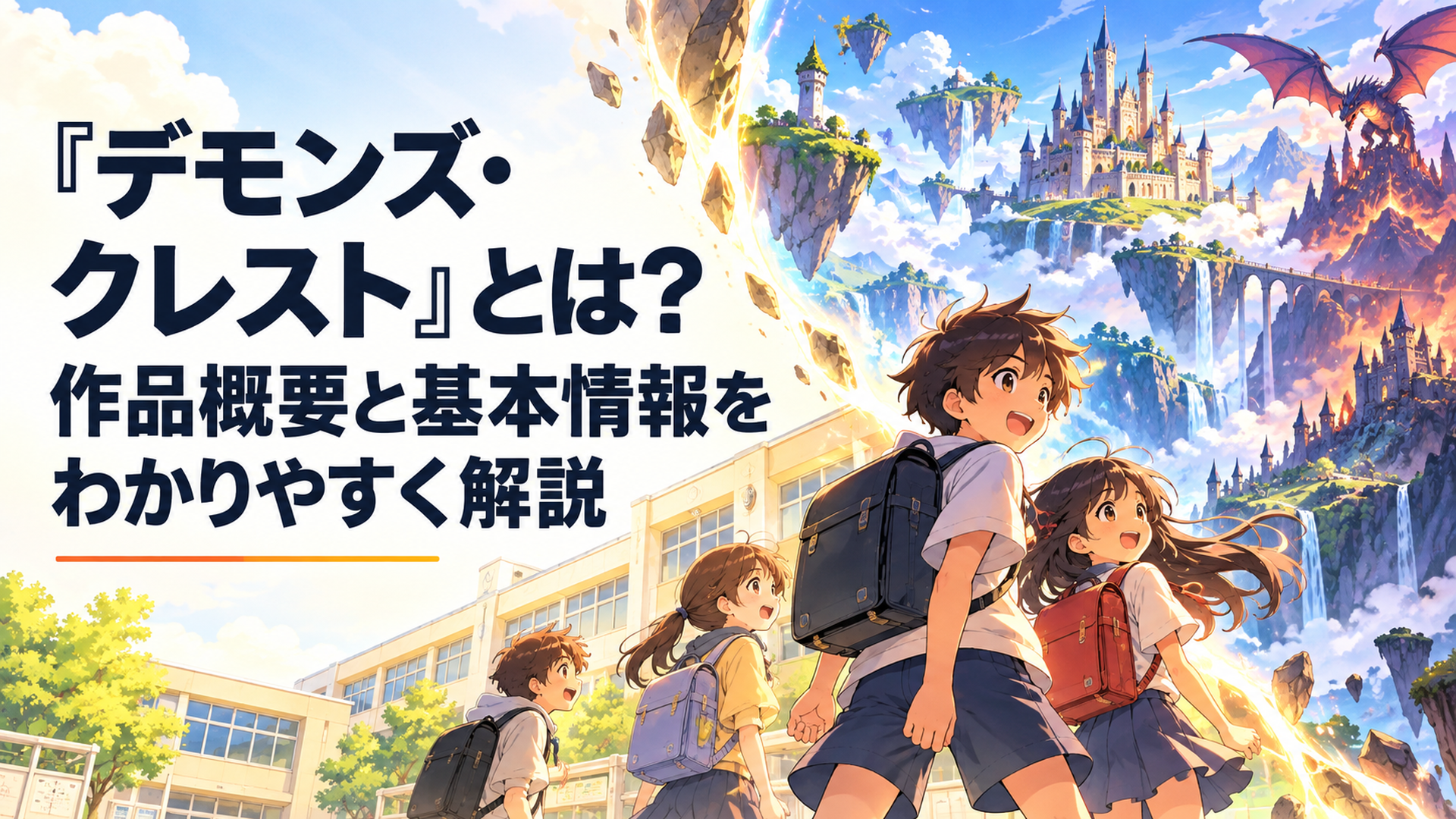 現実の小学校とファンタジーゲーム世界が重なり、小学生たちが二つの世界の境界に立つデモンズ・クレストのイメージ