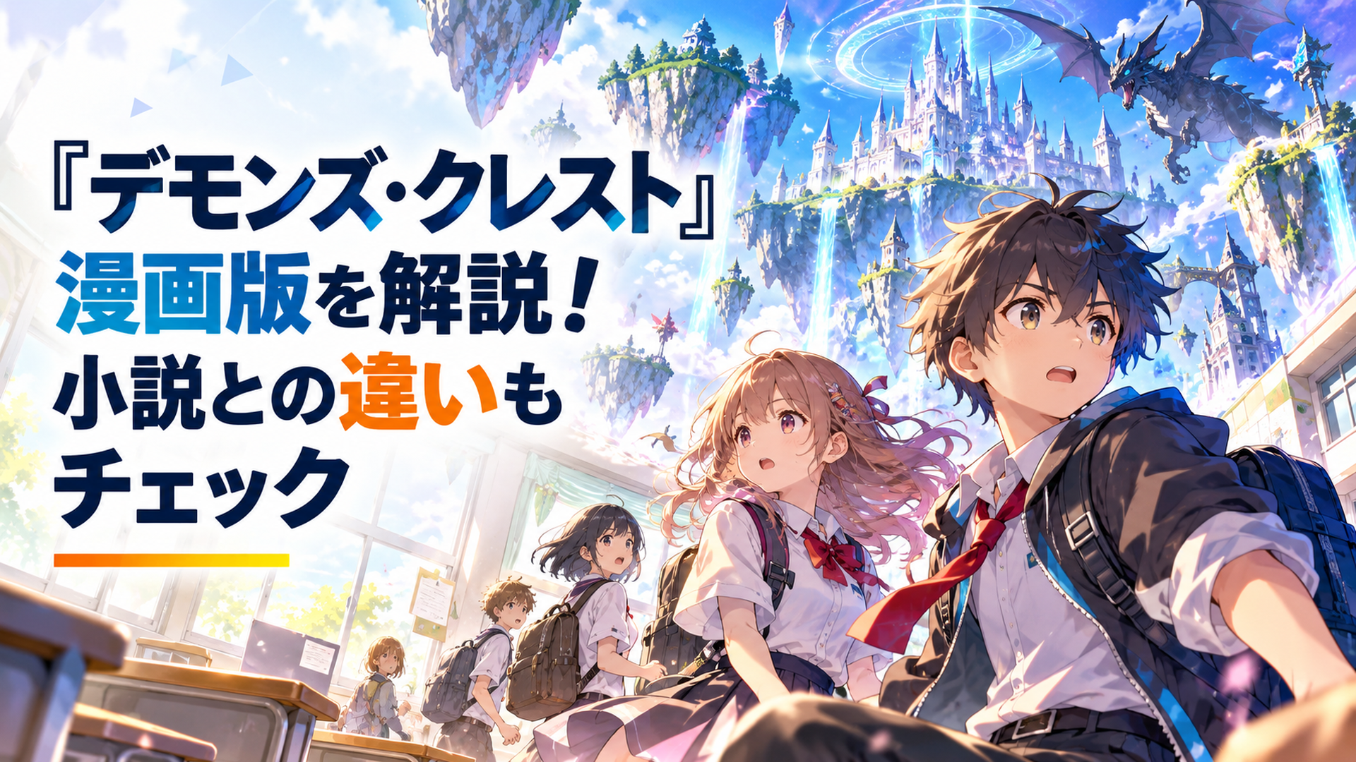 VRMMORPGの幻想世界と現実の小学校が融合し、少年少女たちが異変に直面する縦読みフルカラー漫画をイメージしたシーン