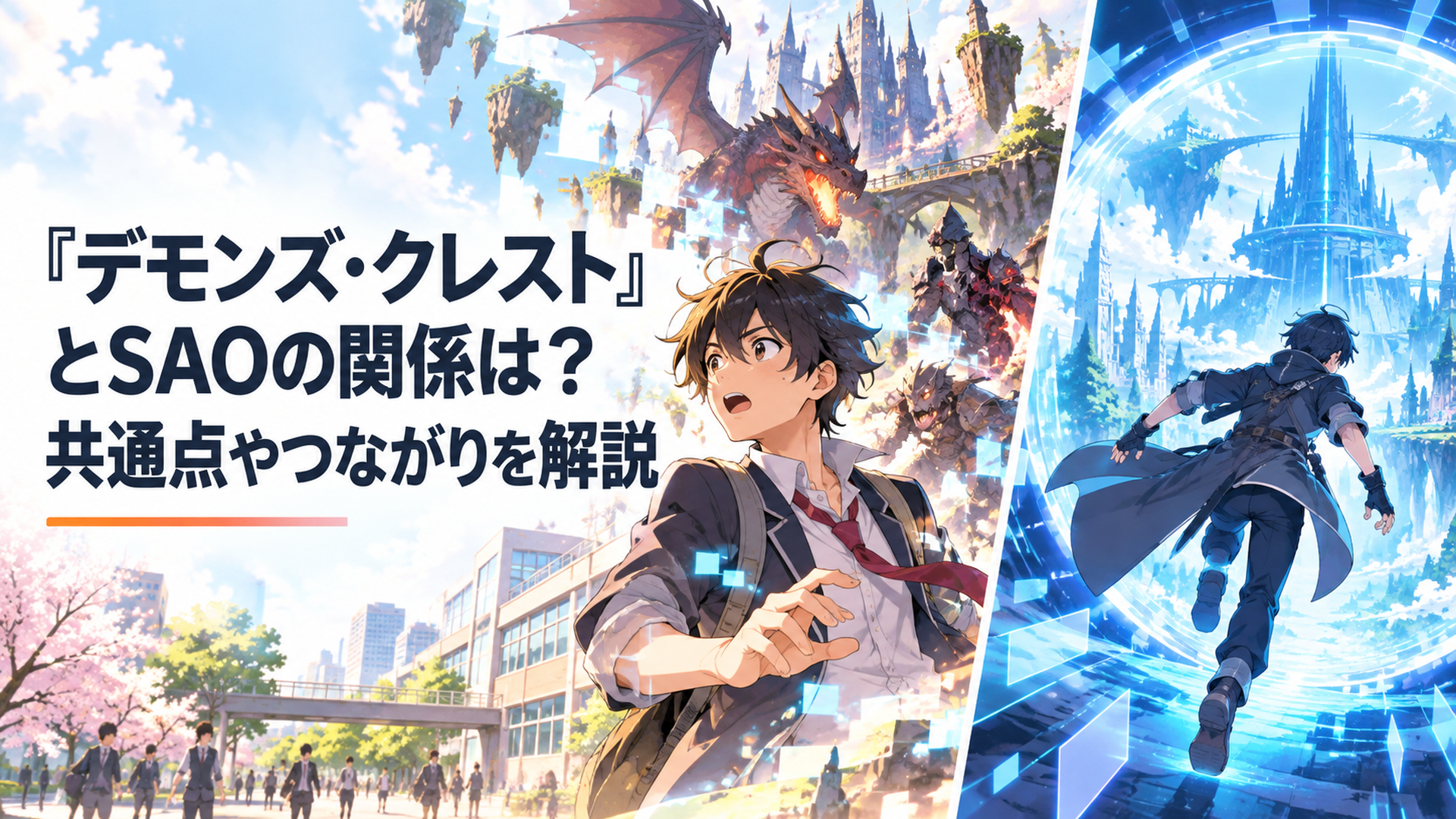 現実とVRゲームが融合した『デモンズ・クレスト』の世界と、仮想世界へ飛び込むSAOを対比して両作品の違いを表現するイメージ