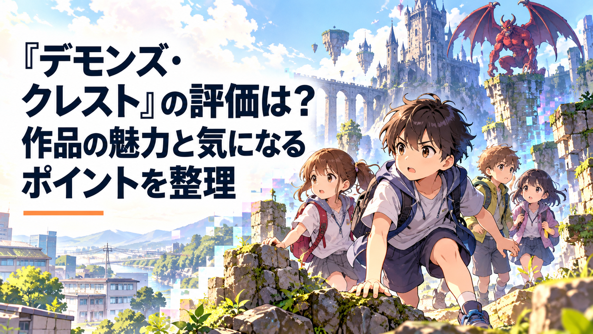 ゲーム世界と現実が融合した異界で小学生たちが警戒しながら進むデモンズ・クレストの評価を表現したイメージ