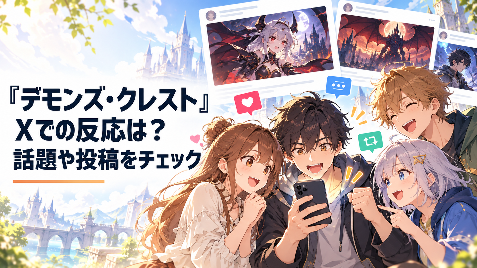 『デモンズ・クレスト』の公式Xやハッシュタグをスマートフォンで確認しながらキャラクターやPVについて語るアニメファンたち