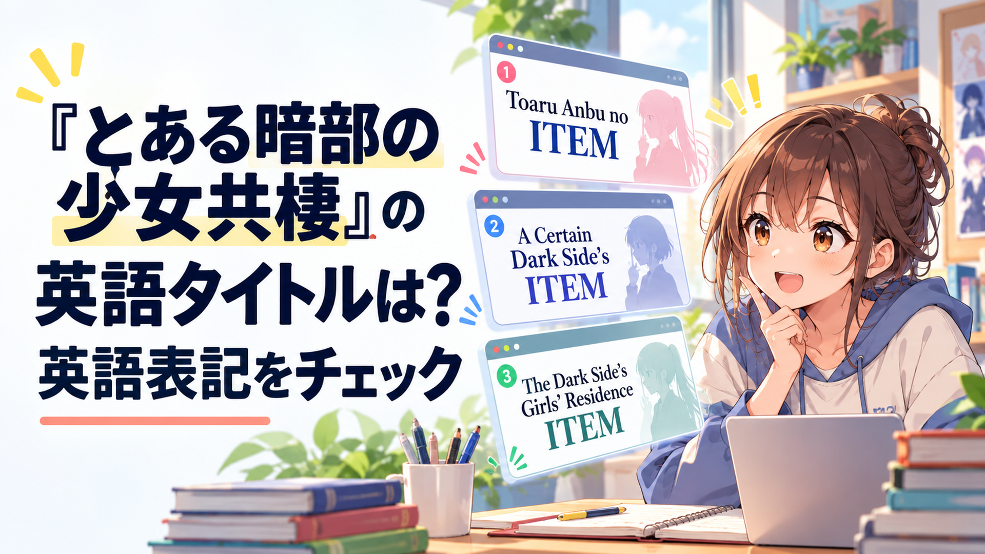 Toaru Anbu no ITEMを中心に3種類の英語表記を見比べながら違いを確認するアニメファン